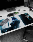 40x20 inches anime girl desk pad showing blue-haired girl leaning back, arms folded, calm stare by a pale window.