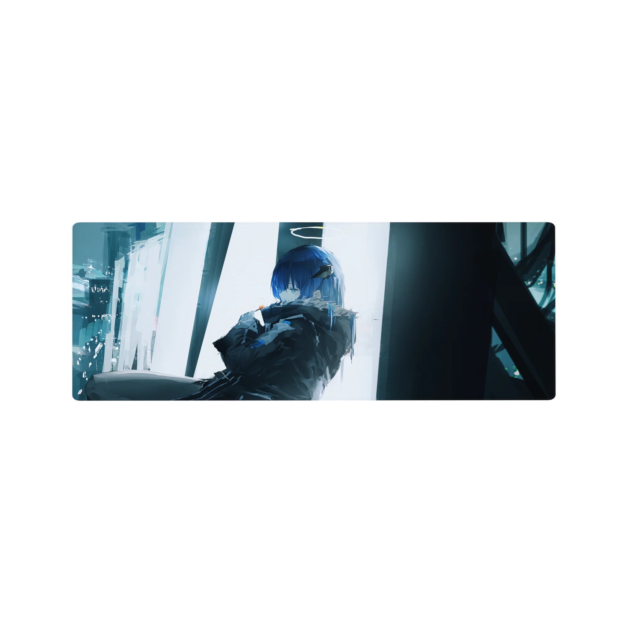 32x12 inches anime girl mouse pad with blue-haired girl, dark jacket folds, and pale window glow.