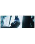 32x12 inches anime girl mouse pad with blue-haired girl, dark jacket folds, and pale window glow.
