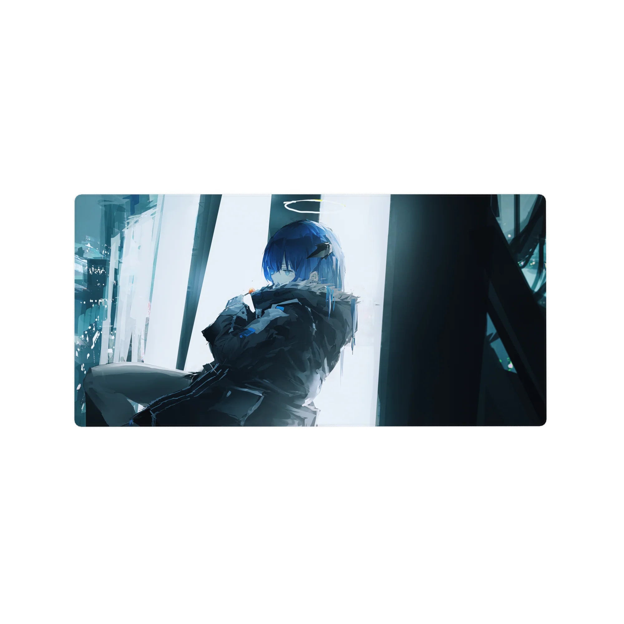 Anime girl mouse pad 32x16 inches with blue-haired character, dark jacket, and rainy city window backdrop.
