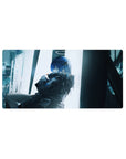 Anime girl mouse pad 32x16 inches with blue-haired character, dark jacket, and rainy city window backdrop.