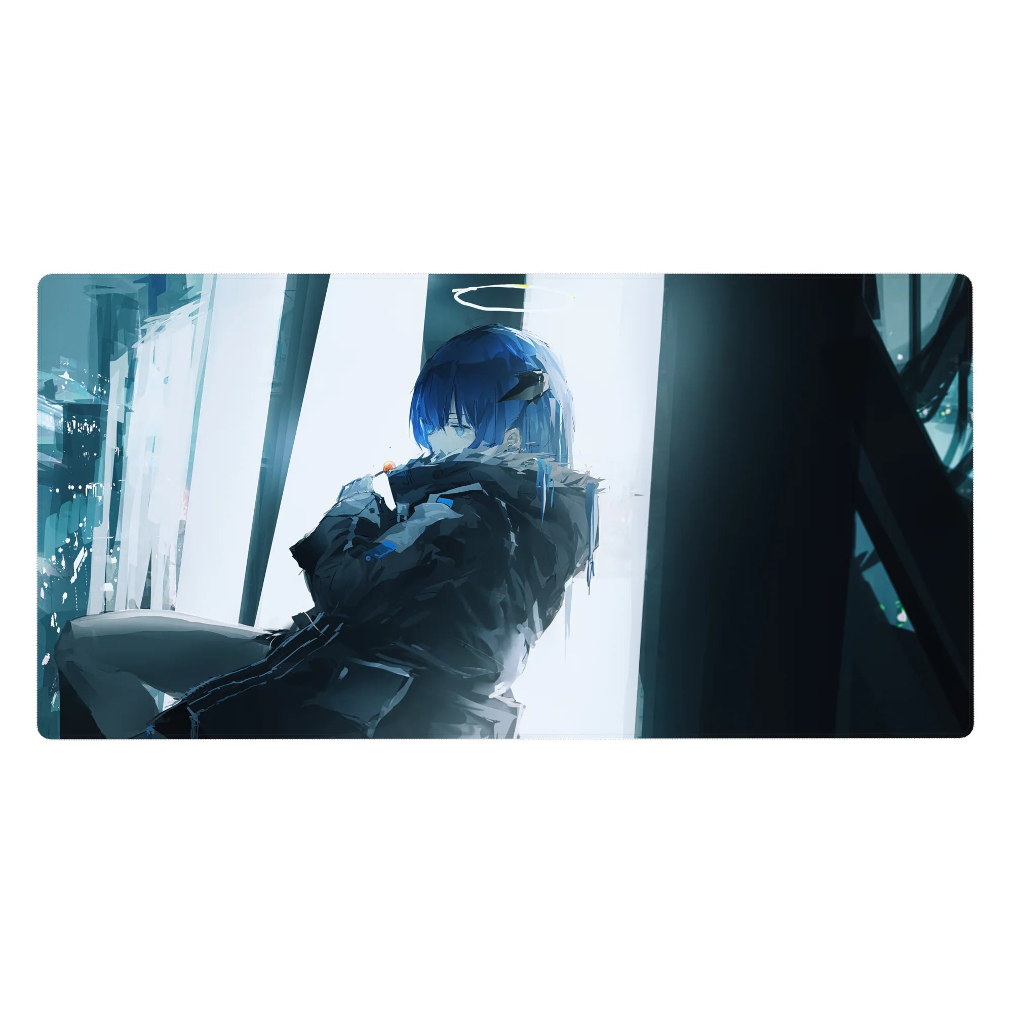 40x20 inches anime girl desk pad with blue-haired girl, dark jacket, sleek bangs, rainy city window glow.