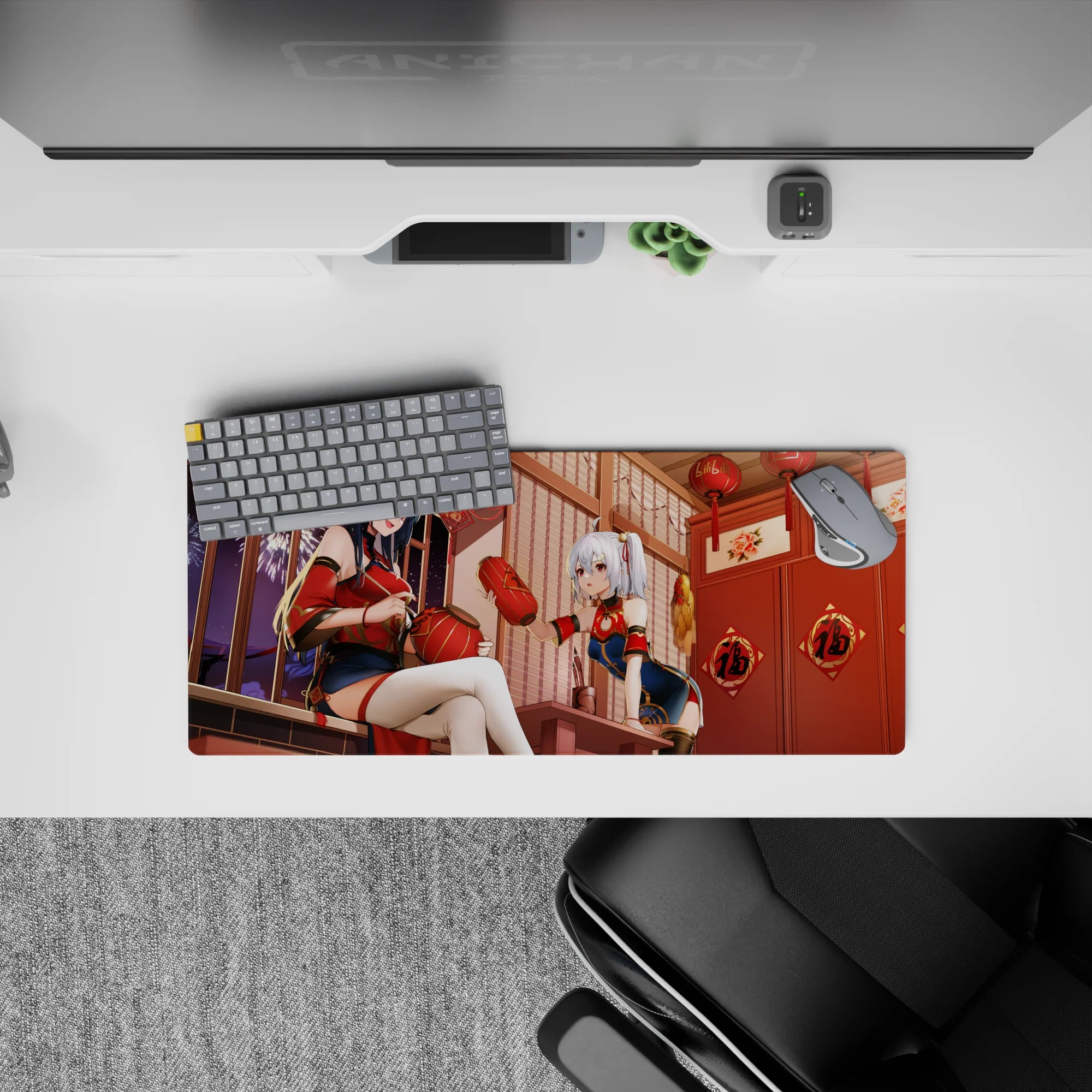 28x12 inches anime girl mouse pad in rich reds and warm golds, cozy lantern-night vibe with sparkle.