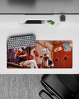 28x12 inches anime girl mouse pad in rich reds and warm golds, cozy lantern-night vibe with sparkle.