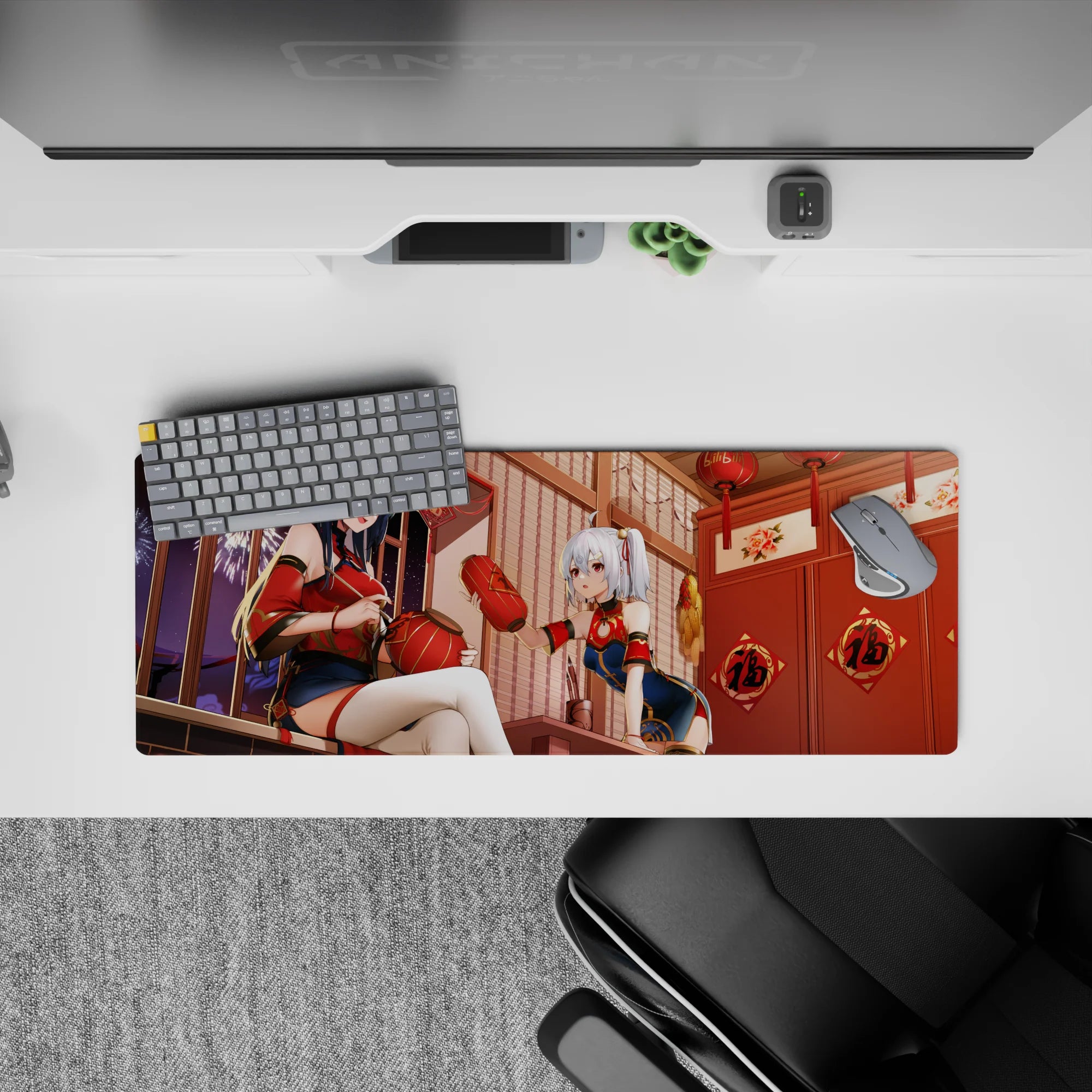 32x12 inches anime girl mouse pad in rich reds and warm golds, cozy lantern-night vibe with sparkle.