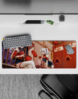 32x12 inches anime girl mouse pad in rich reds and warm golds, cozy lantern-night vibe with sparkle.