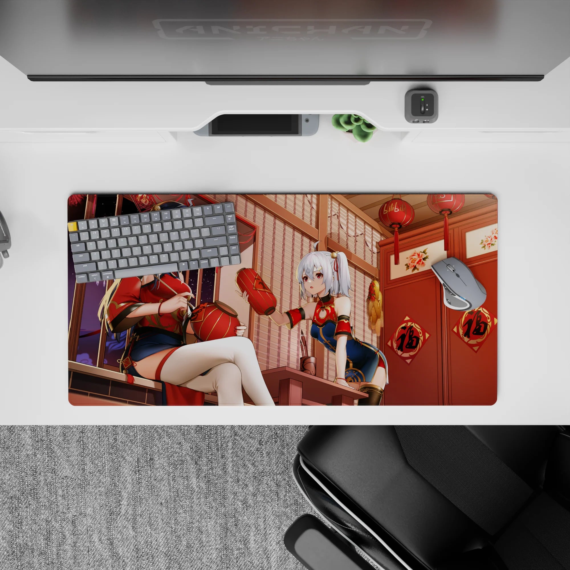 32x16 inches anime girl mouse pad in rich reds and warm golds, cozy lantern-night vibe, playful.