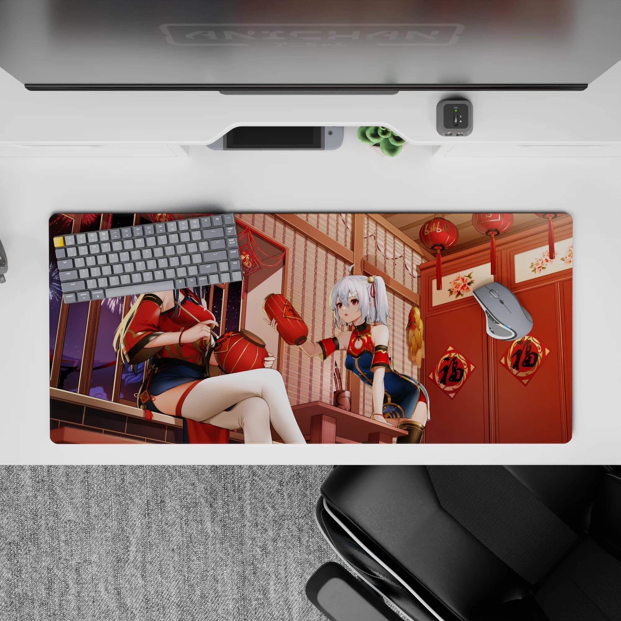 36x16 inches anime girl desk pad in rich reds and warm golds, cozy lantern-night vibe with sparkle.