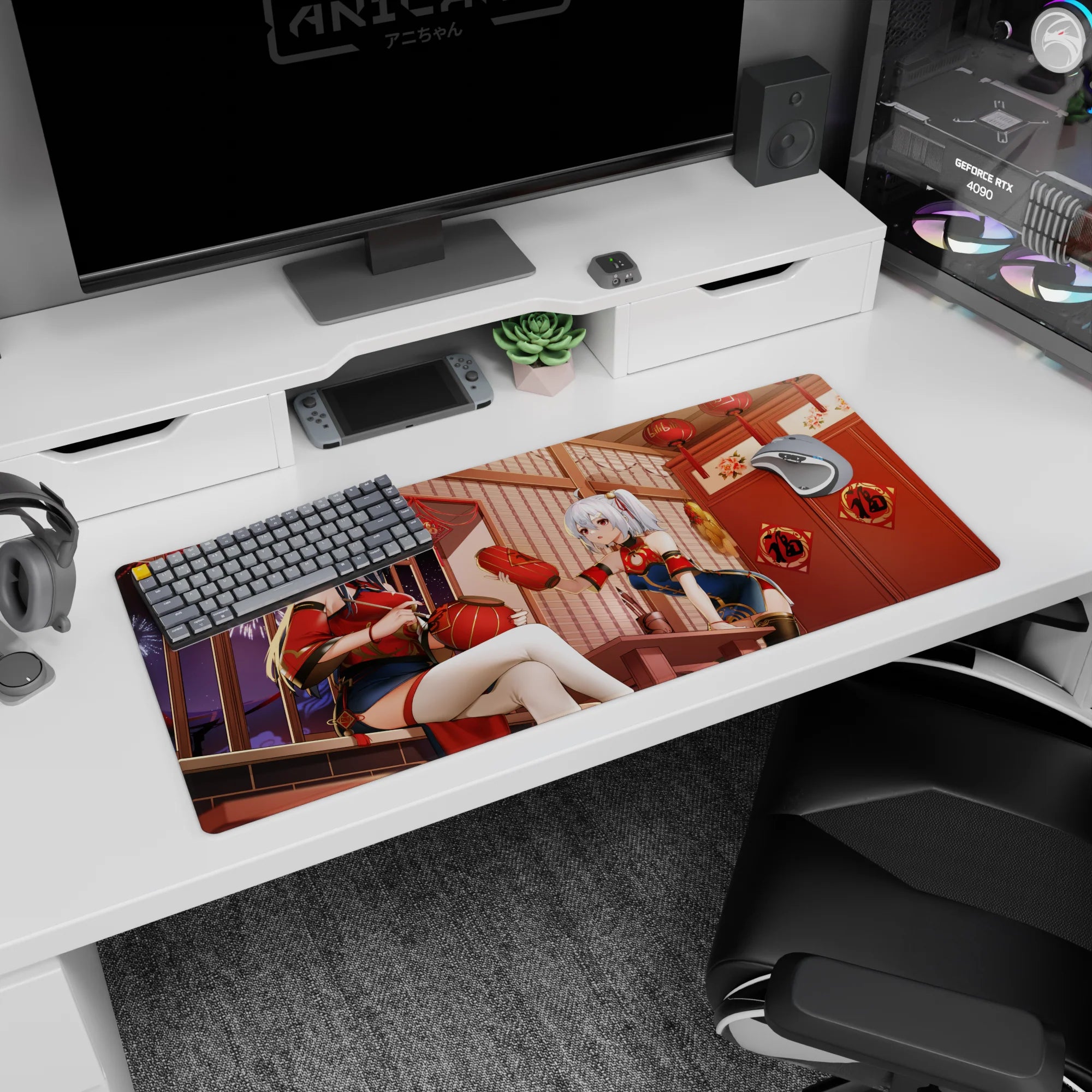 36x16 inches anime girl desk pad featuring cheongsam girl and silver twin-tail girl holding a lantern.
