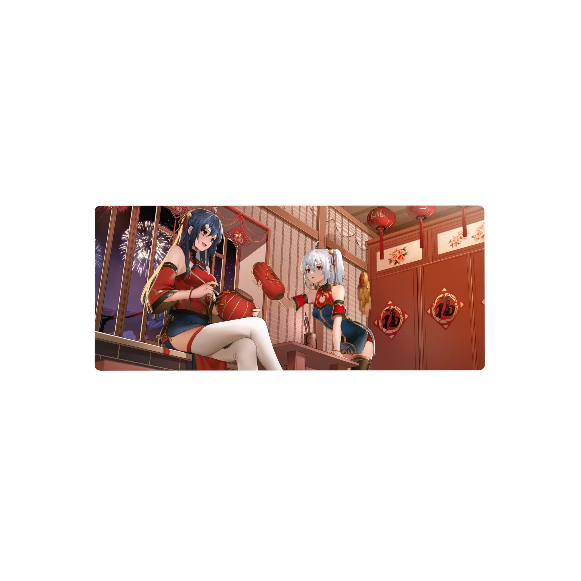 28x12 inches anime girl mouse pad with two festival girls, lanterns, fireworks, and lucky wall charms.
