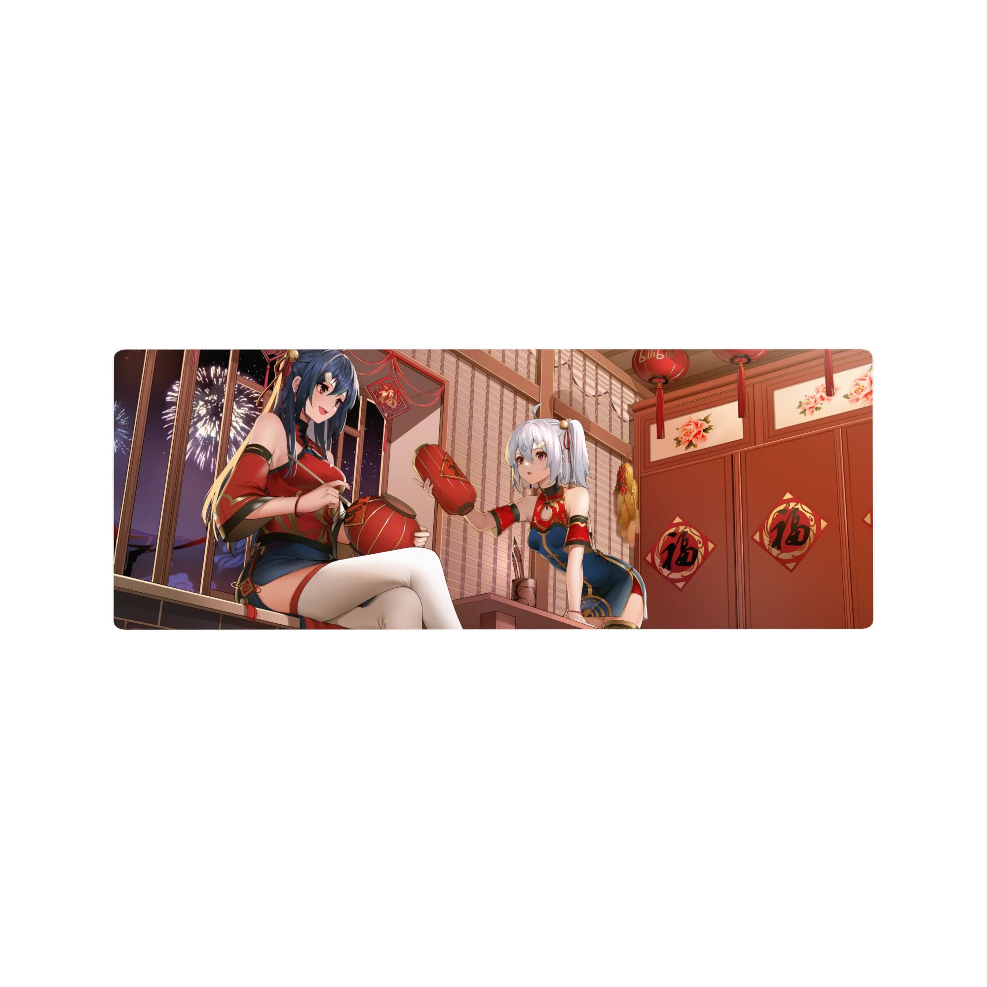 32x12 inches anime girl mouse pad with two festival girls, lanterns, fireworks window, and lucky charms.