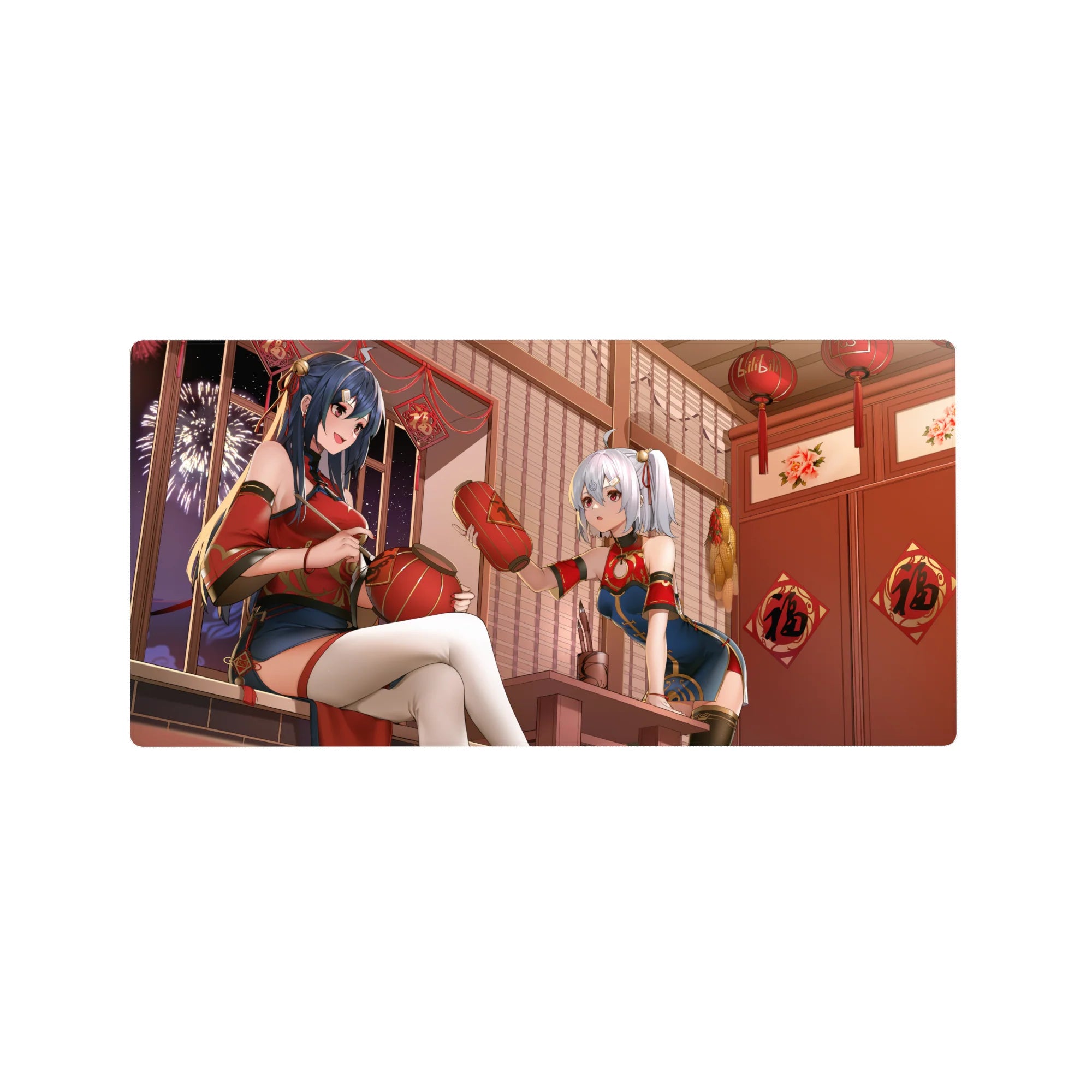 32x16 inches anime girl mouse pad with two festival girls, lanterns, fireworks window, lucky charms.