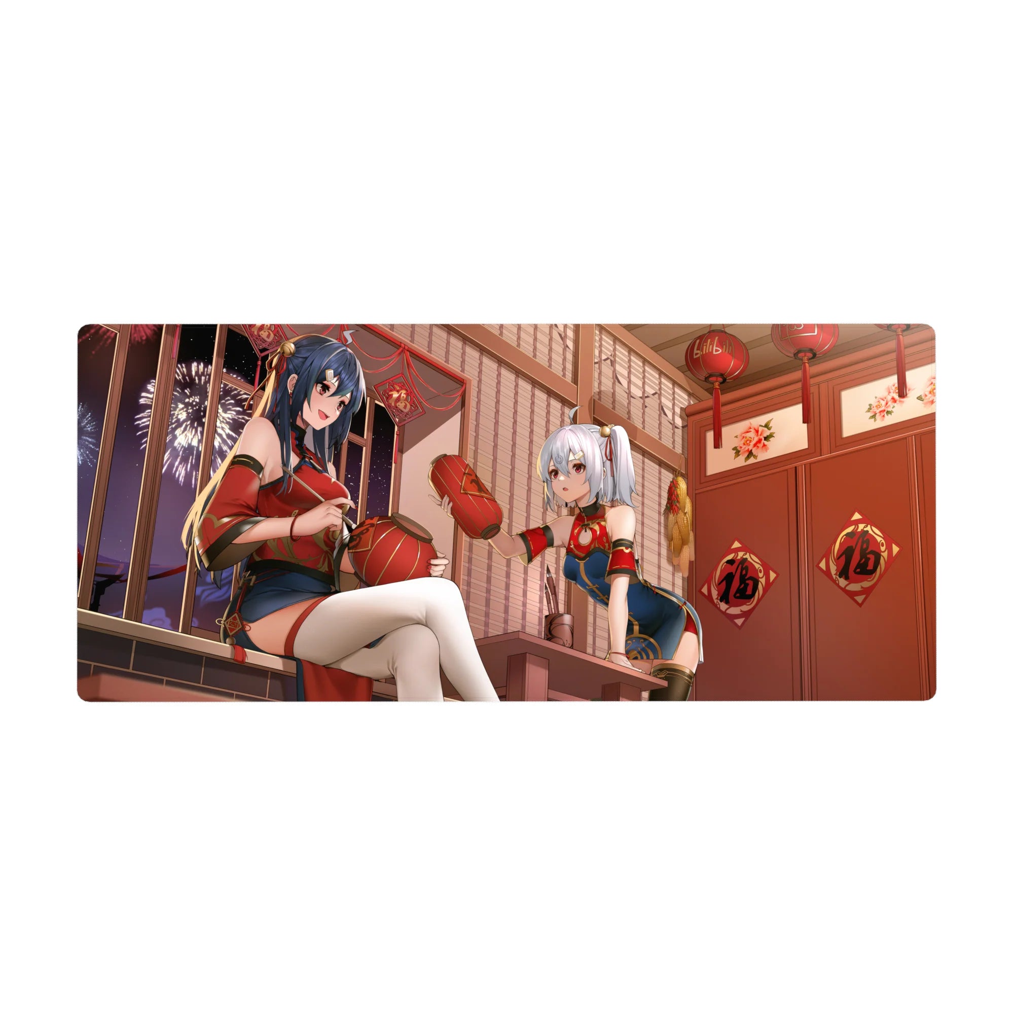 36x16 inches anime girl desk pad with festival duo, lanterns, fireworks window, and lucky wall charms.