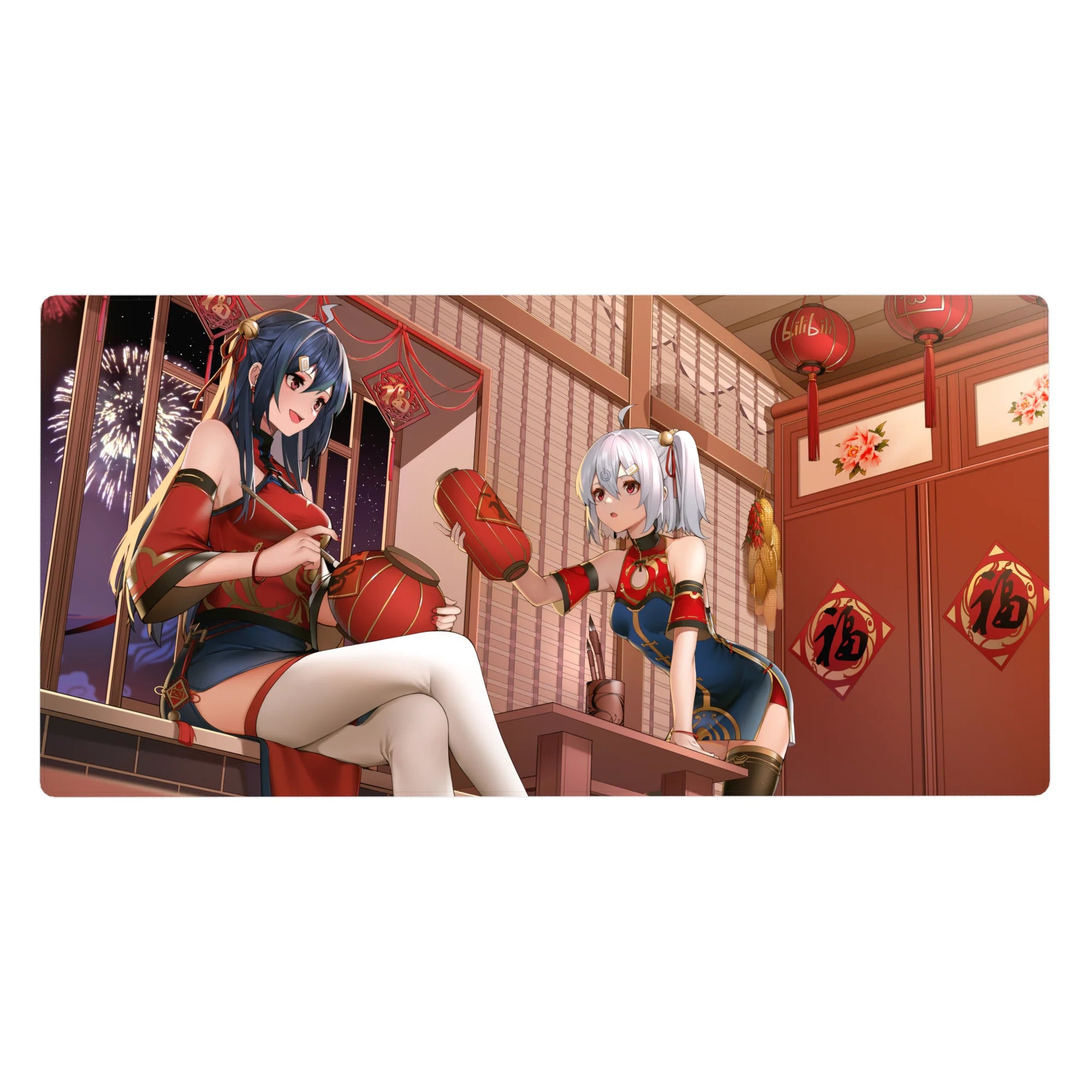 Anime girl desk pad 40x20 inches with two festival girls, lanterns, fireworks window, lucky charms.