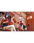 Anime girl desk pad 40x20 inches with two festival girls, lanterns, fireworks window, lucky charms.