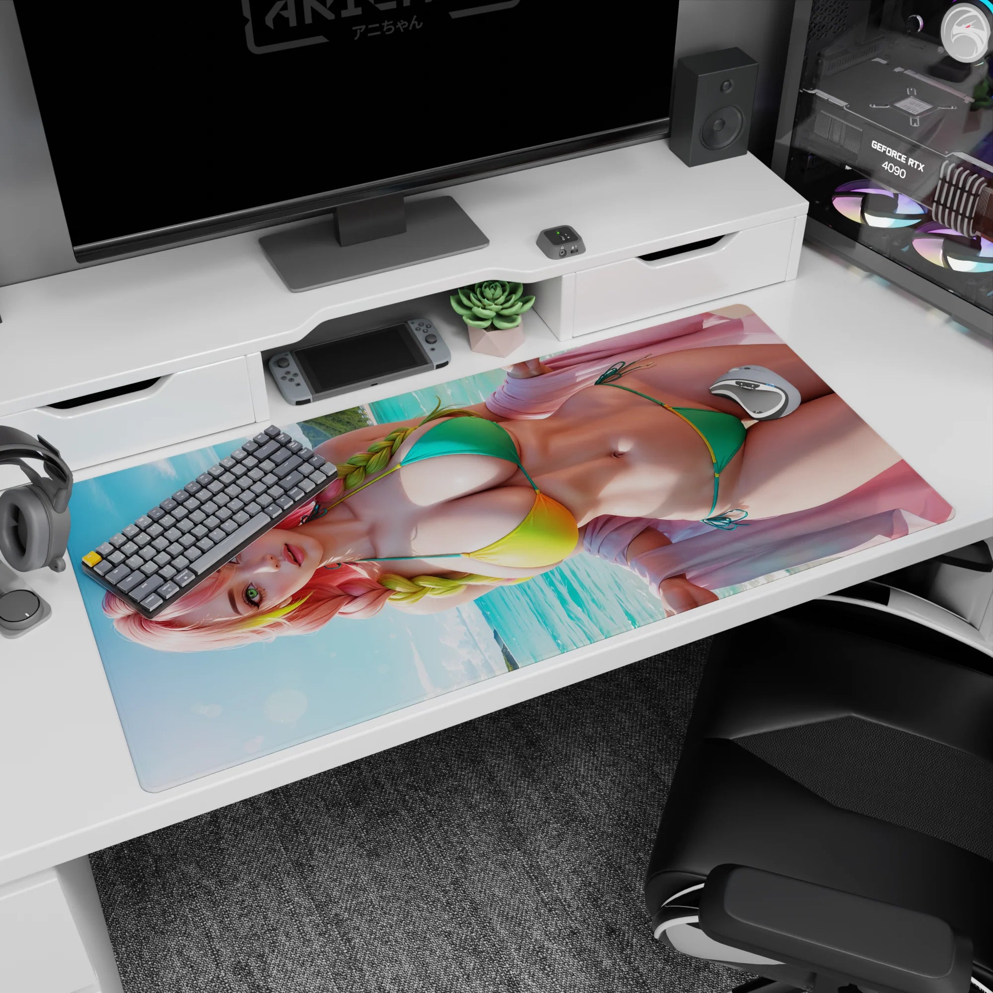 Anime mouse pad 40x20 inches featuring Mitsuri Kanroji from Demon Slayer, showcasing her vibrant pink and lime braids.