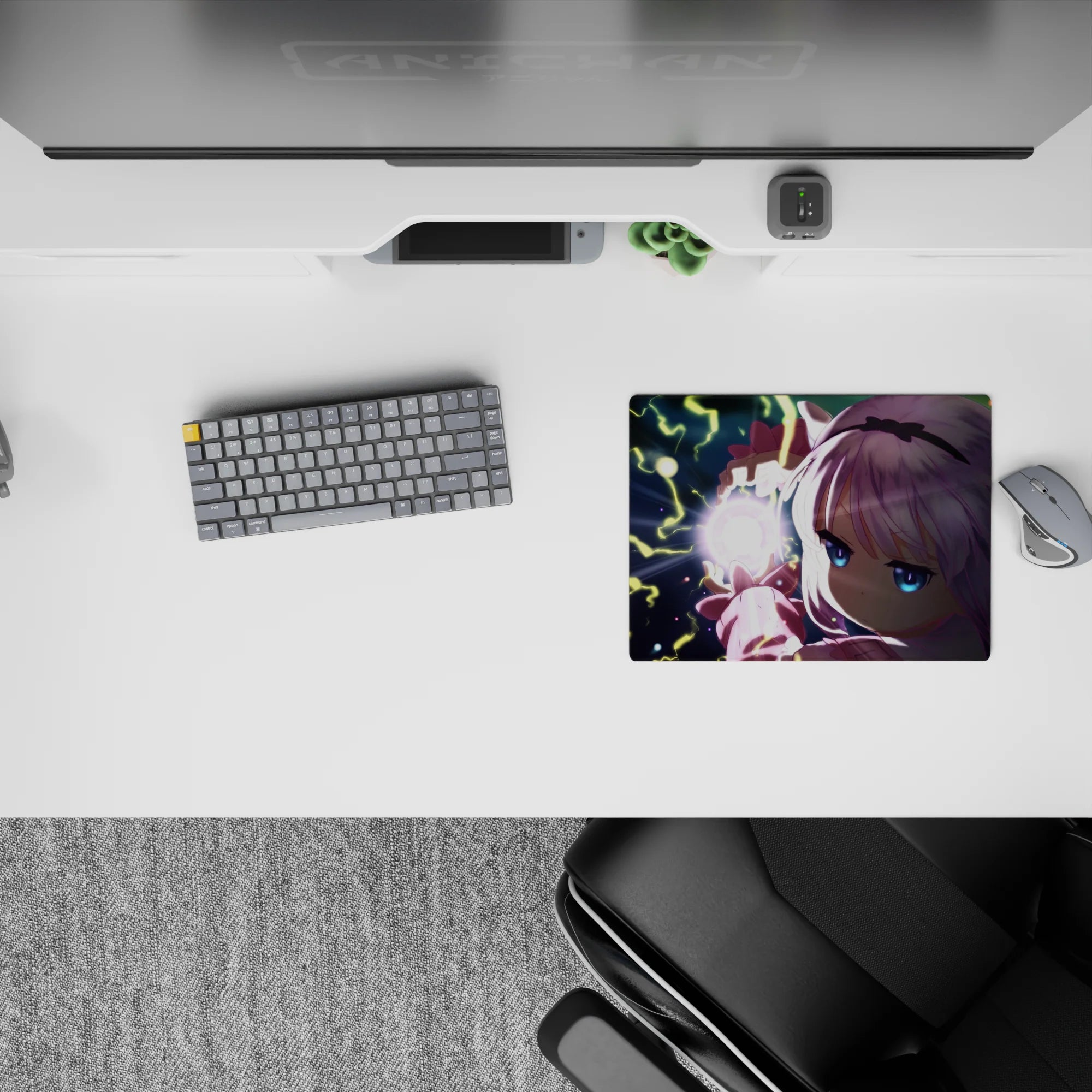 Stormy midnight anime mouse pad 14x10 inches in neon yellow lightning and soft pink sleeves, moody vibe.