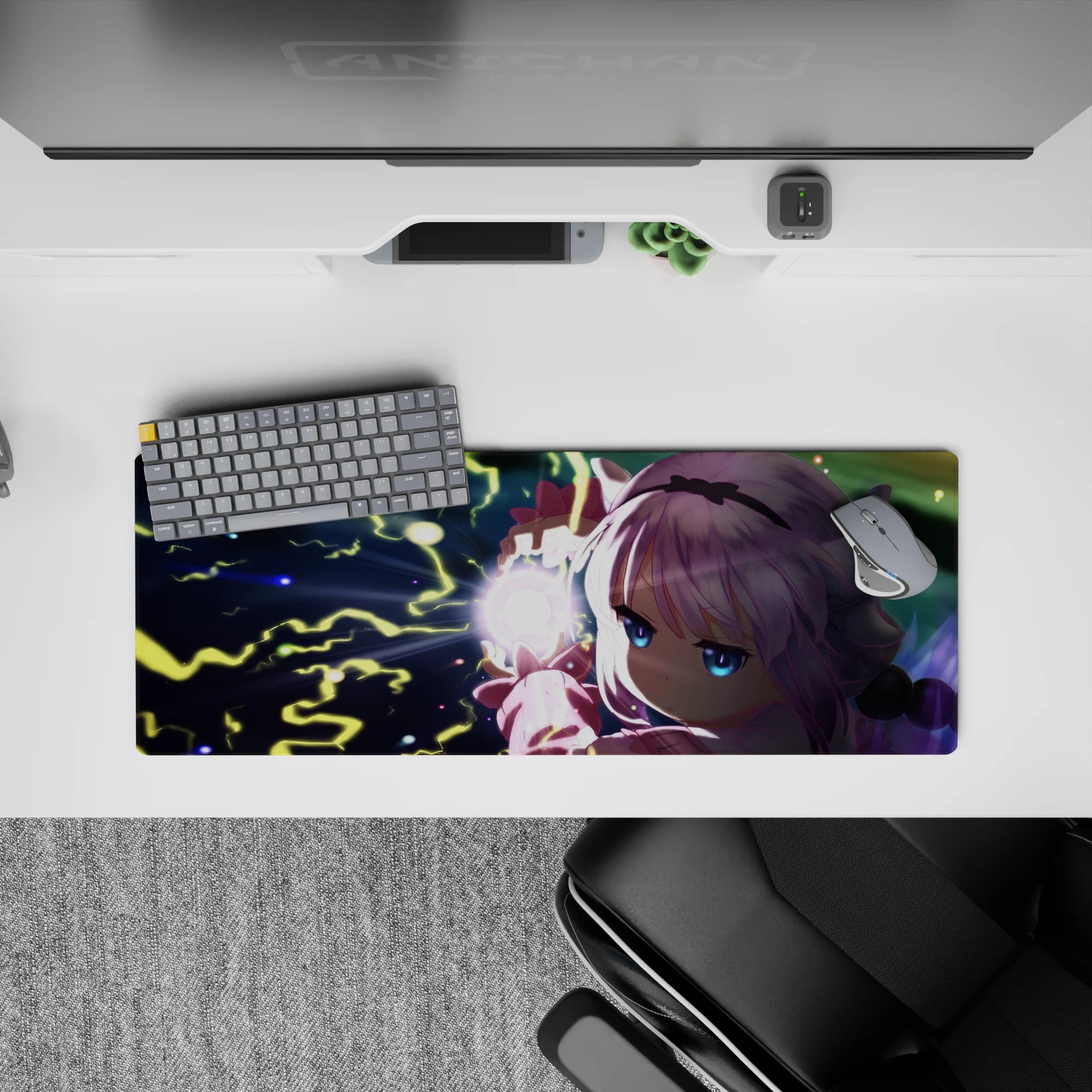 32x12 inches desk mouse pad in midnight tones with neon yellow lightning and soft pink sleeves.