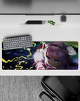 32x12 inches desk mouse pad in midnight tones with neon yellow lightning and soft pink sleeves.