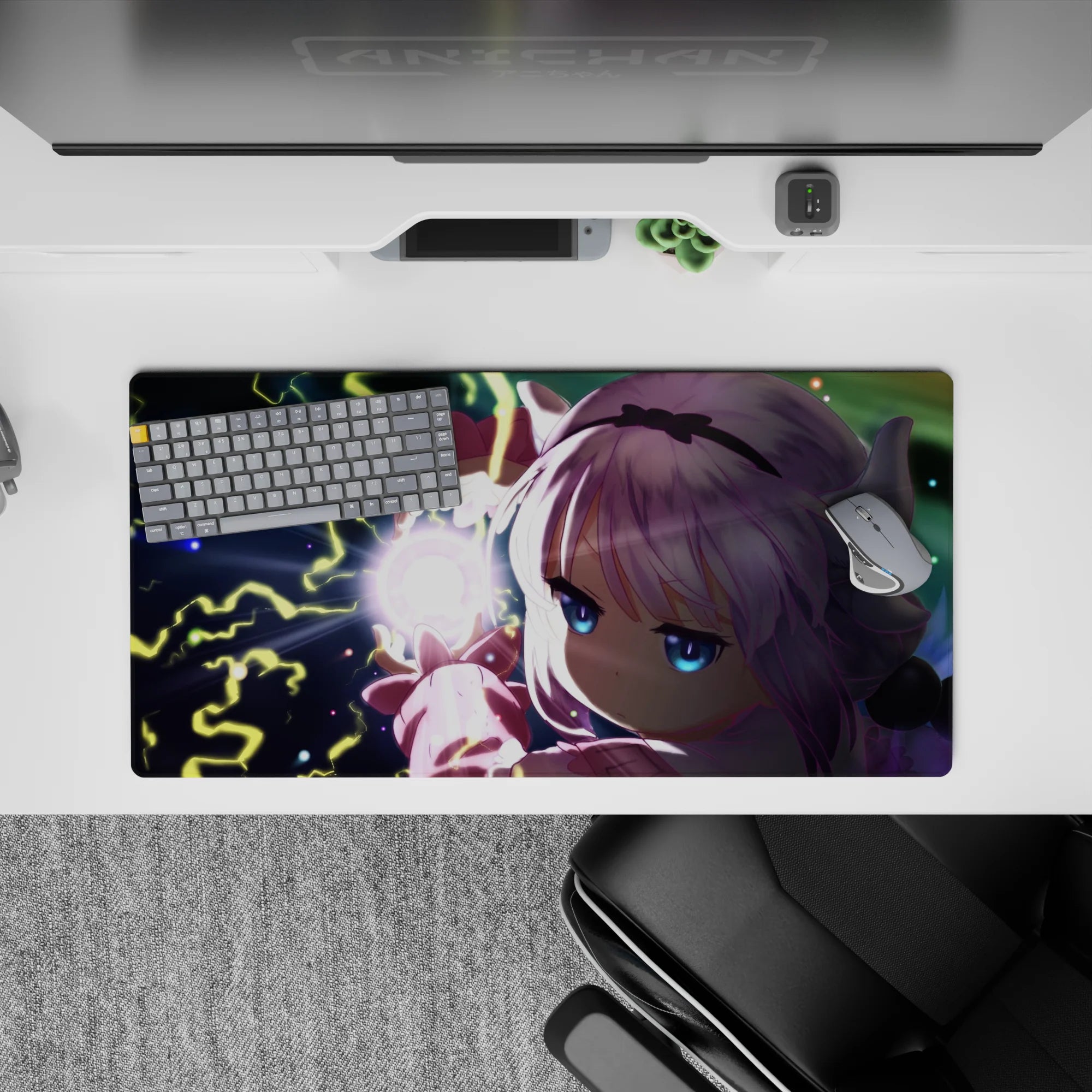 32x16 inches desk mat in midnight blues with neon yellow lightning and soft pink sleeves, stormy vibe.