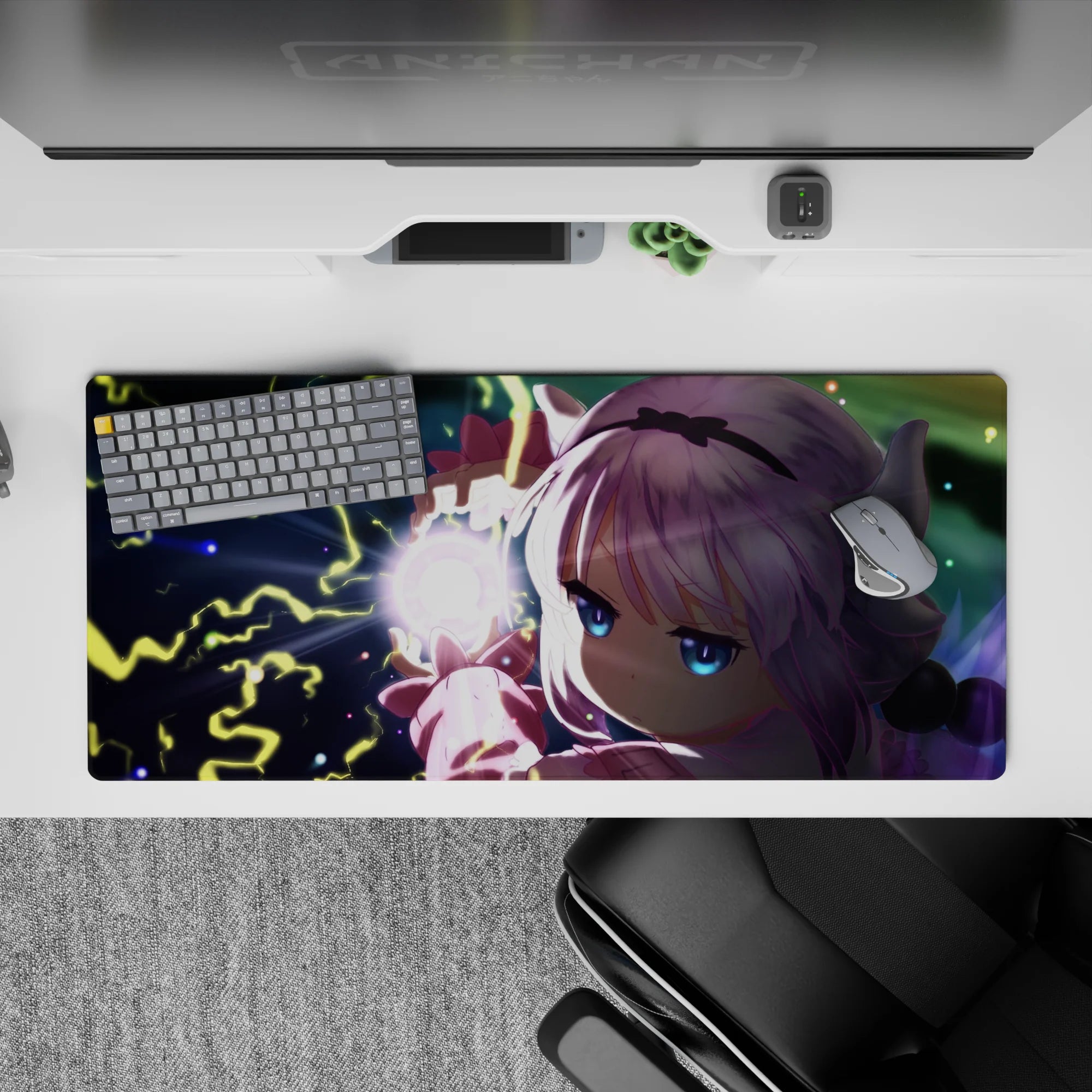 36x16 inches desk pad in midnight tones with neon yellow lightning, icy blue eyes, and stormy magical vibe.
