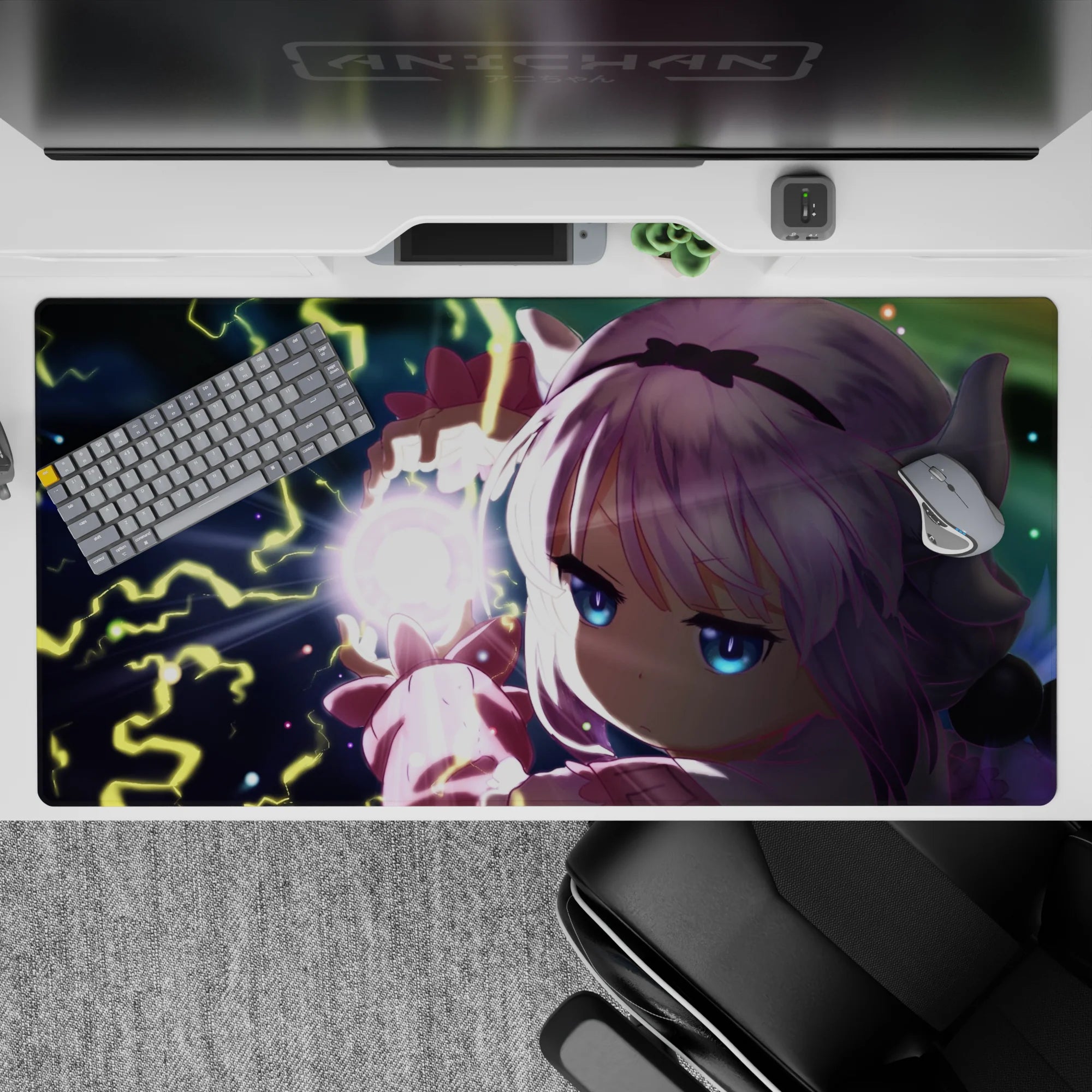 40x20 inches anime desk pad in midnight blues with neon yellow lightning and soft pink sleeves, moody vibe.