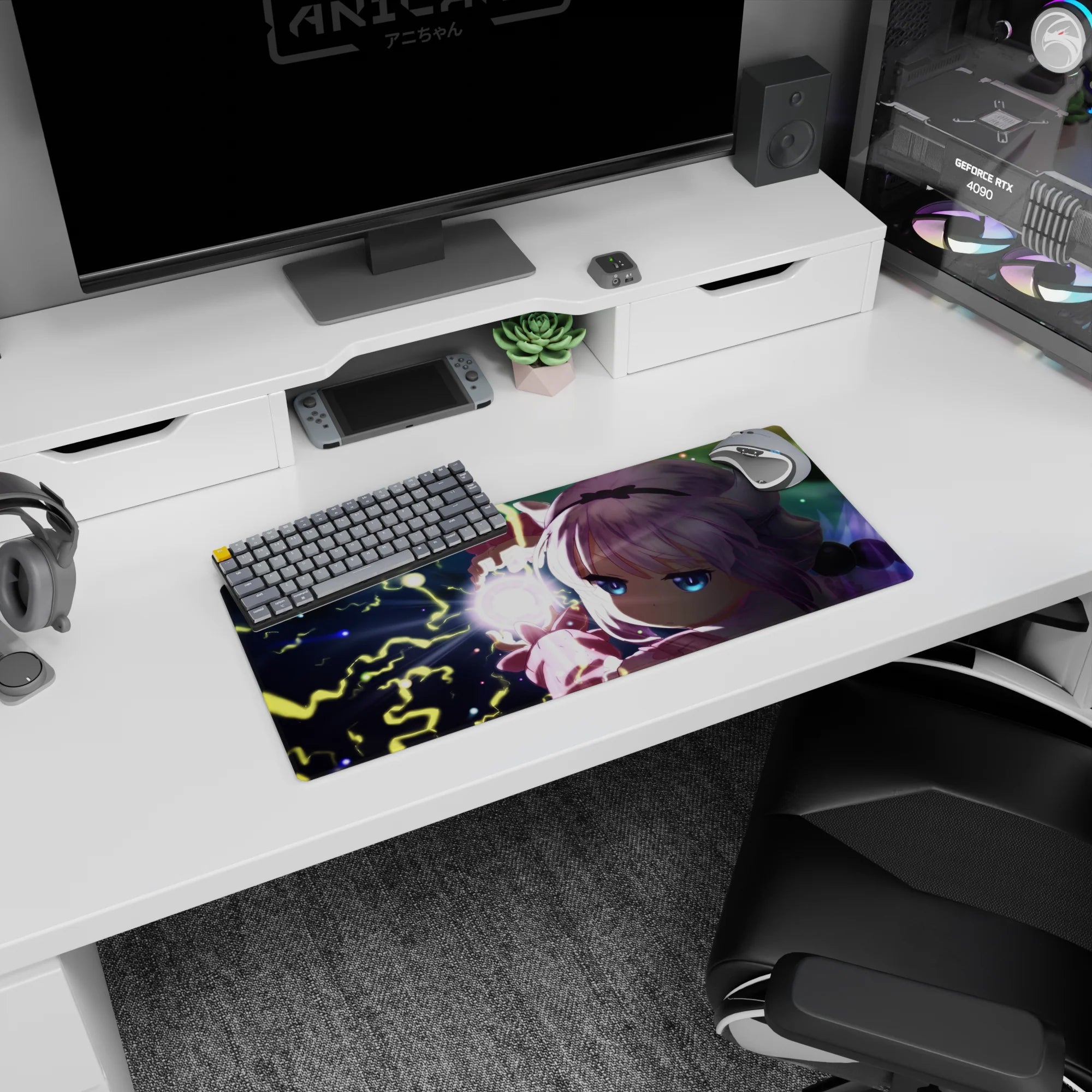 28x12 inches Miss Kobayashi’s Dragon Maid mouse pad featuring Kanna with blue eyes and a crackling orb.
