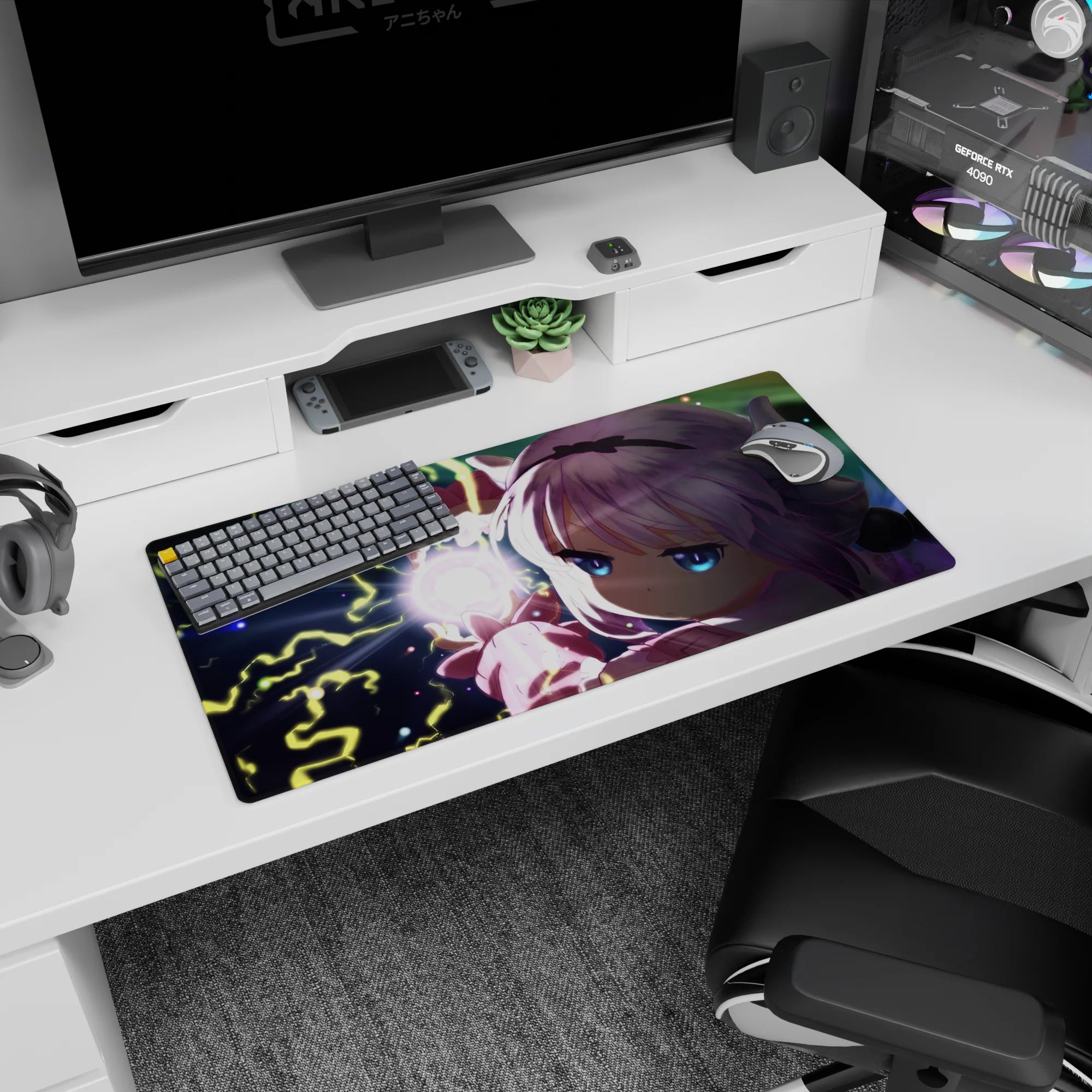 32x16 inches Kanna Kamui mouse pad from Miss Kobayashi's Dragon Maid, icy eyes and crackling orb.