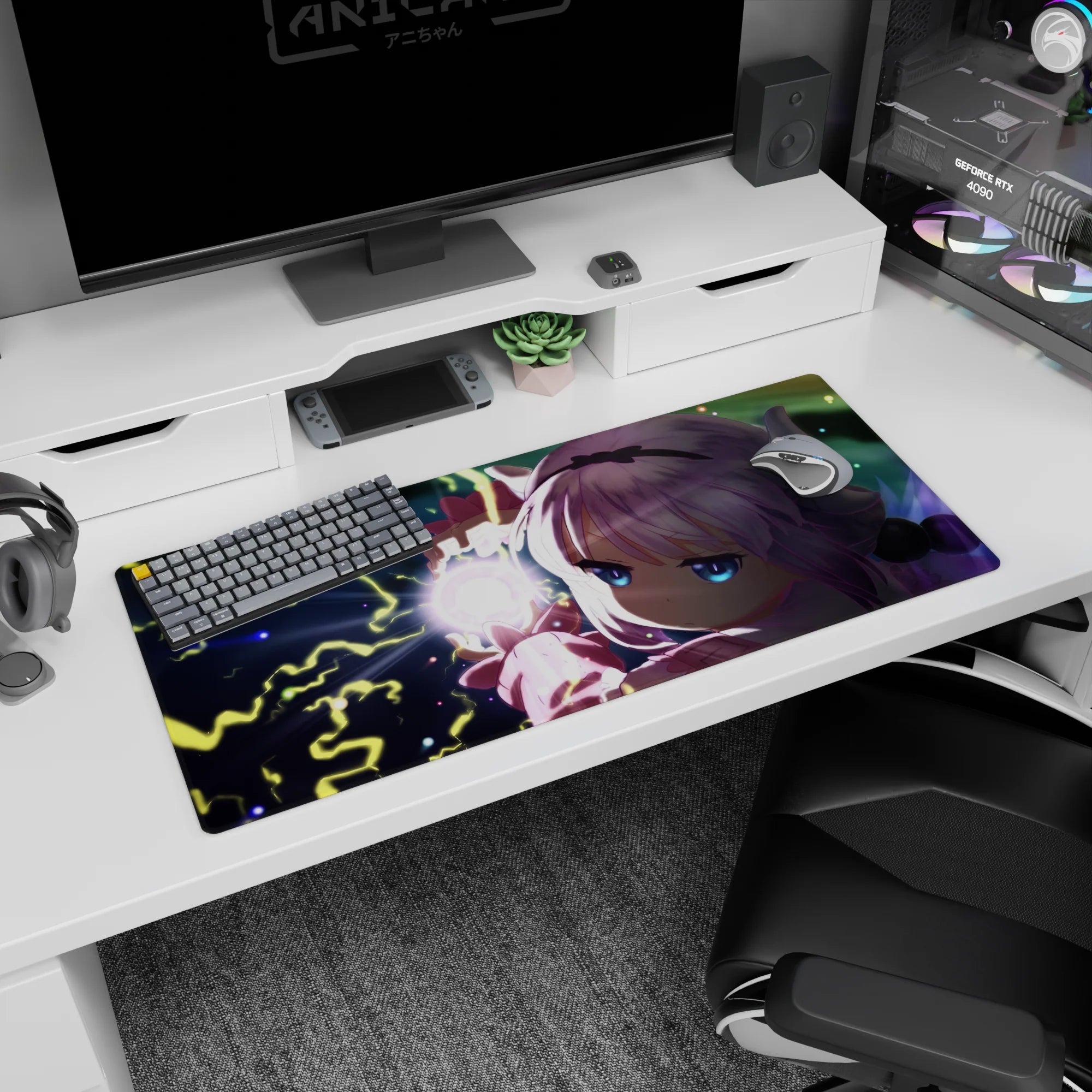 36x16 inches Kanna Kamui desk pad from Miss Kobayashi's Dragon Maid casting a spell with crackling orb.