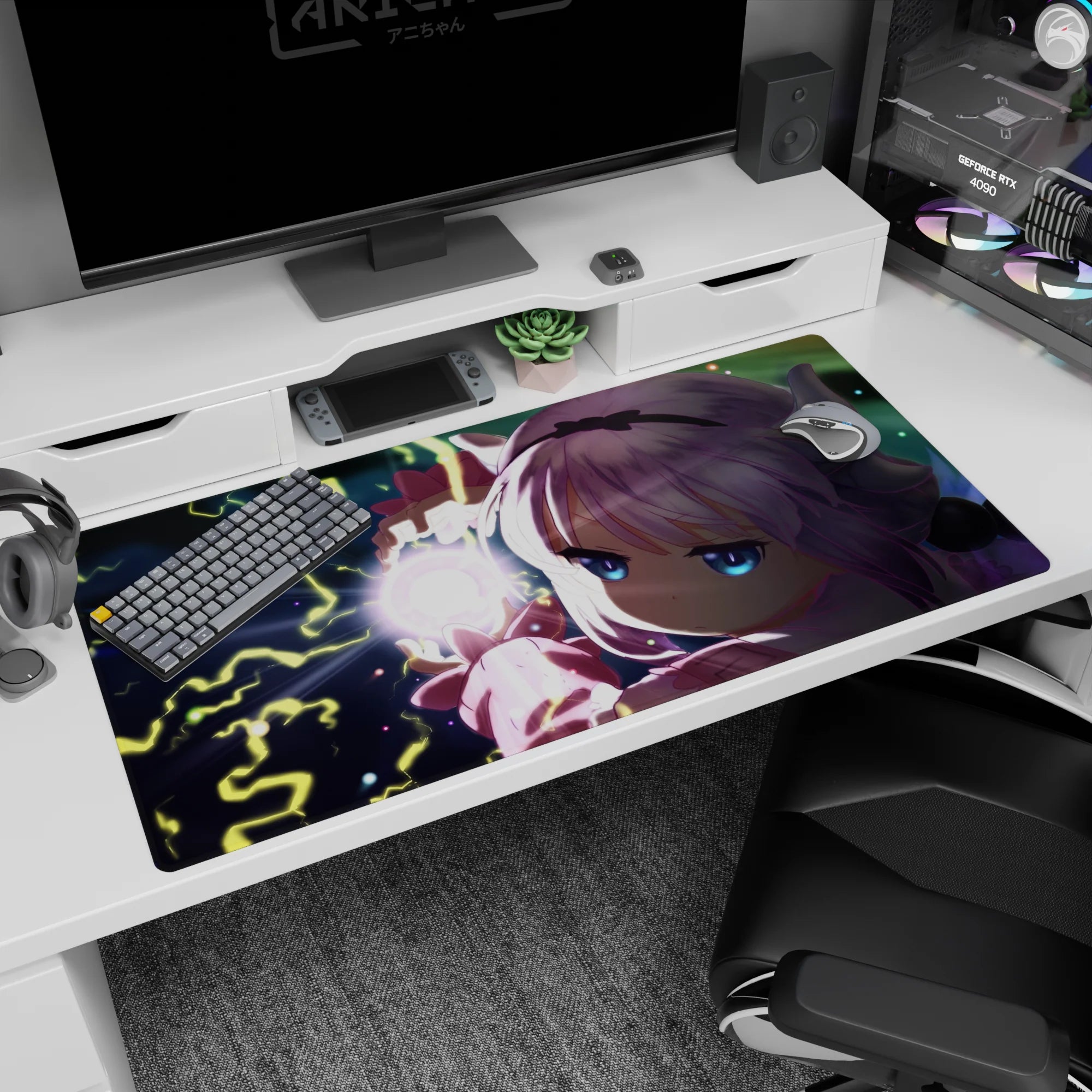 40x20 inches Kanna Kamui desk pad from Miss Kobayashi's Dragon Maid, icy eyes casting a crackling spell.