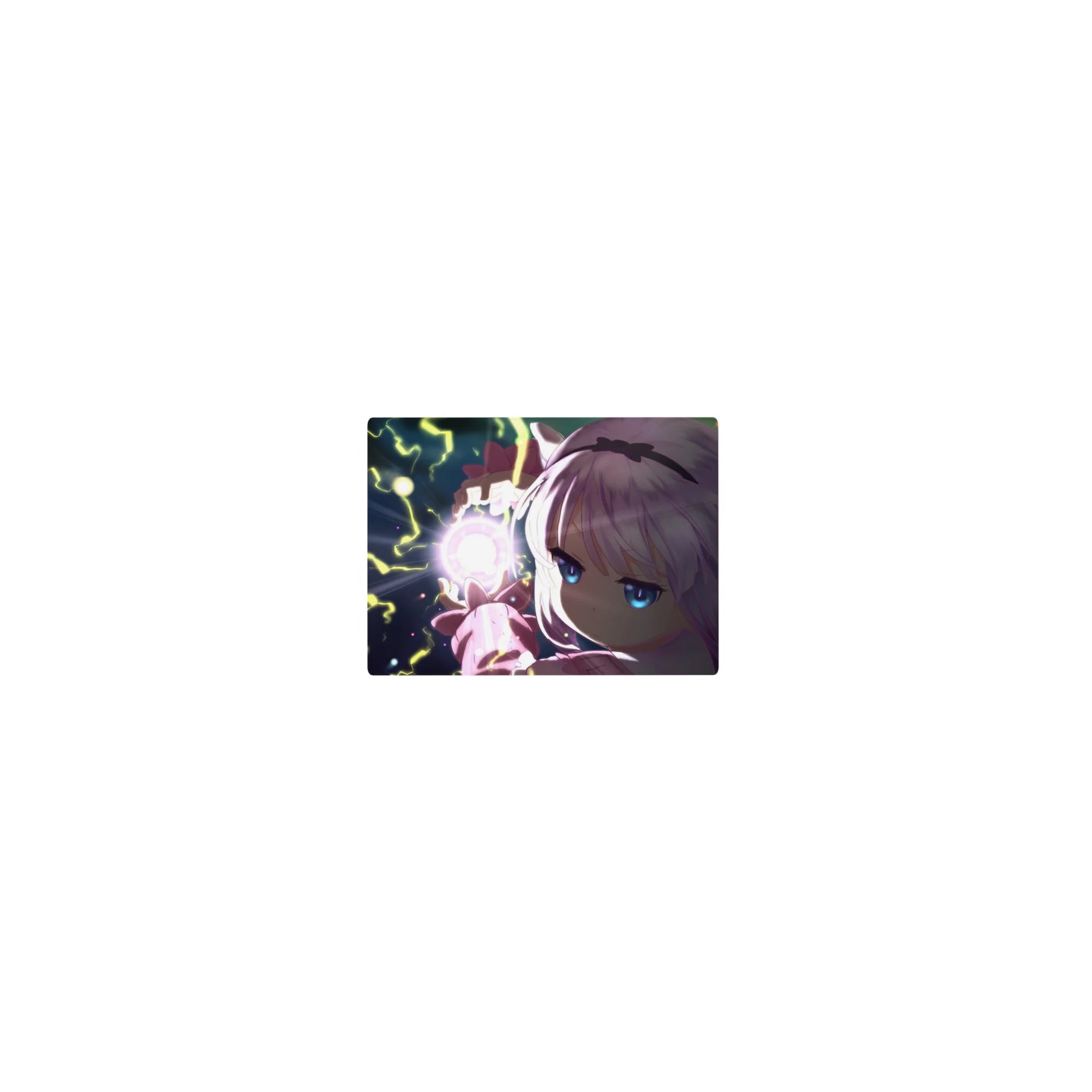 Classic anime girl mouse pad 14x10 inches with magical orb, lightning accents, and swirling night-sky backdrop.