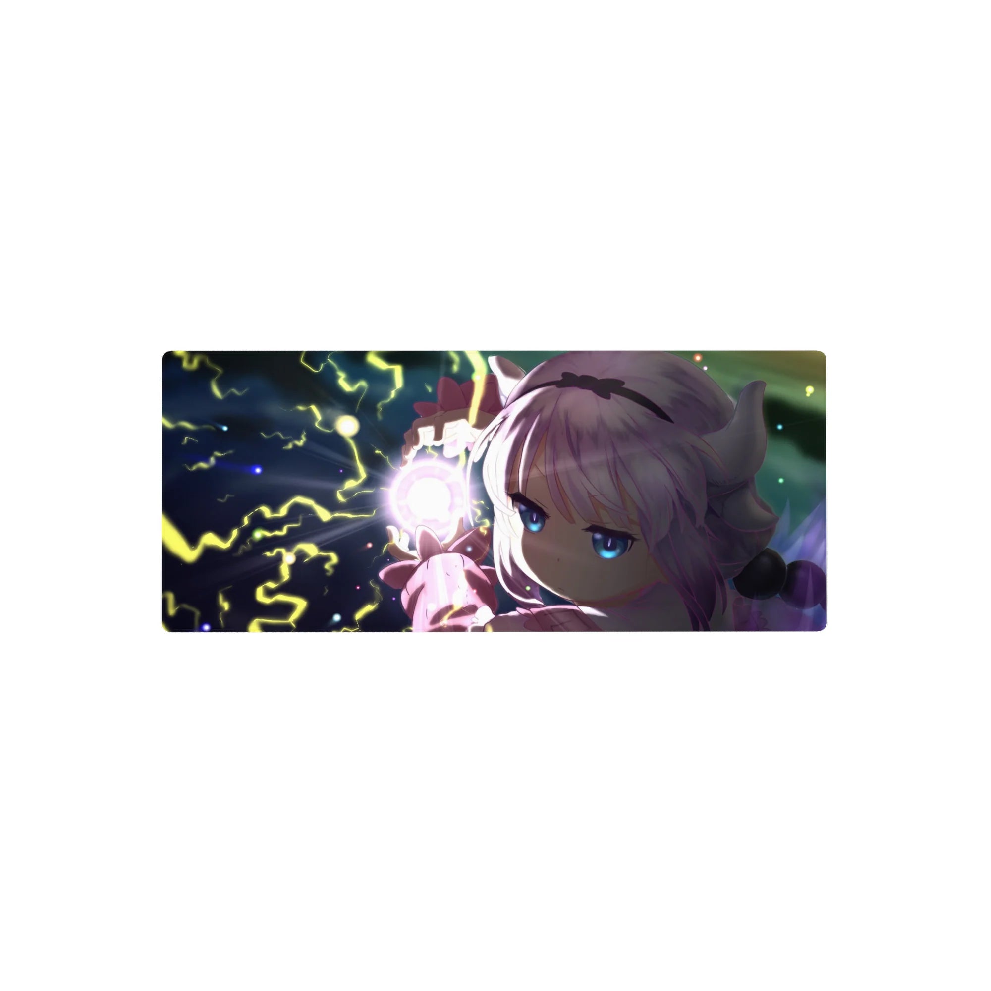28x12 inches anime girl mouse pad with Kanna casting lightning over a swirling night-sky background.