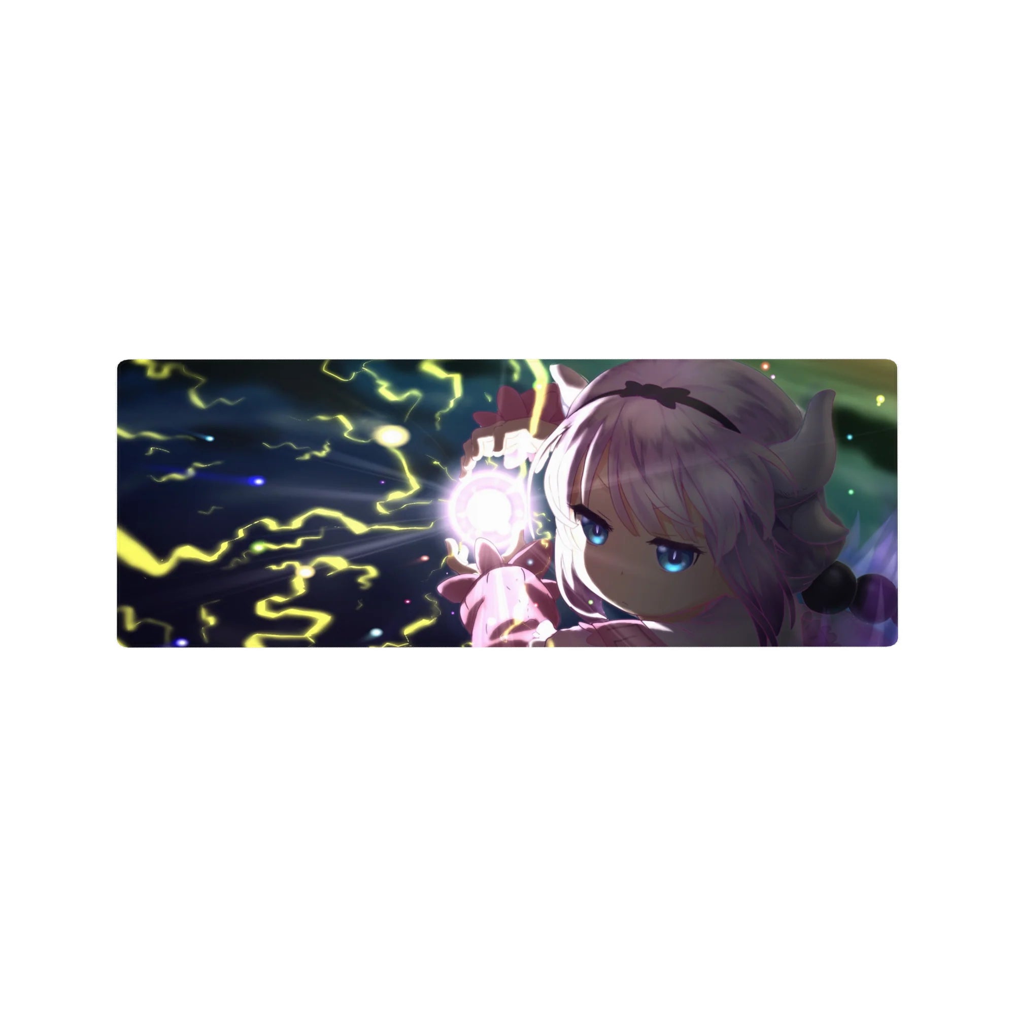 32x12 inches anime girl mouse pad with Kanna casting lightning over a swirling night-sky background.