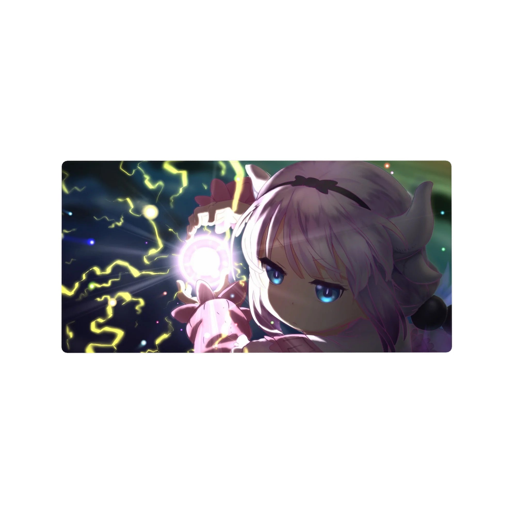 32x16 inches anime girl mouse pad with Kanna casting magic, lightning orb, swirling night-sky background.