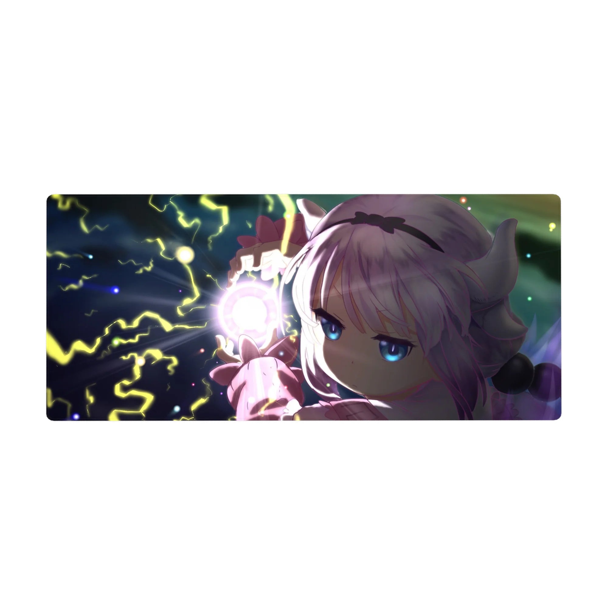 36x16 inches anime girl desk pad with lightning orb, swirling night-sky background, and cozy pink sleeves.