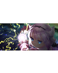36x16 inches anime girl desk pad with lightning orb, swirling night-sky background, and cozy pink sleeves.