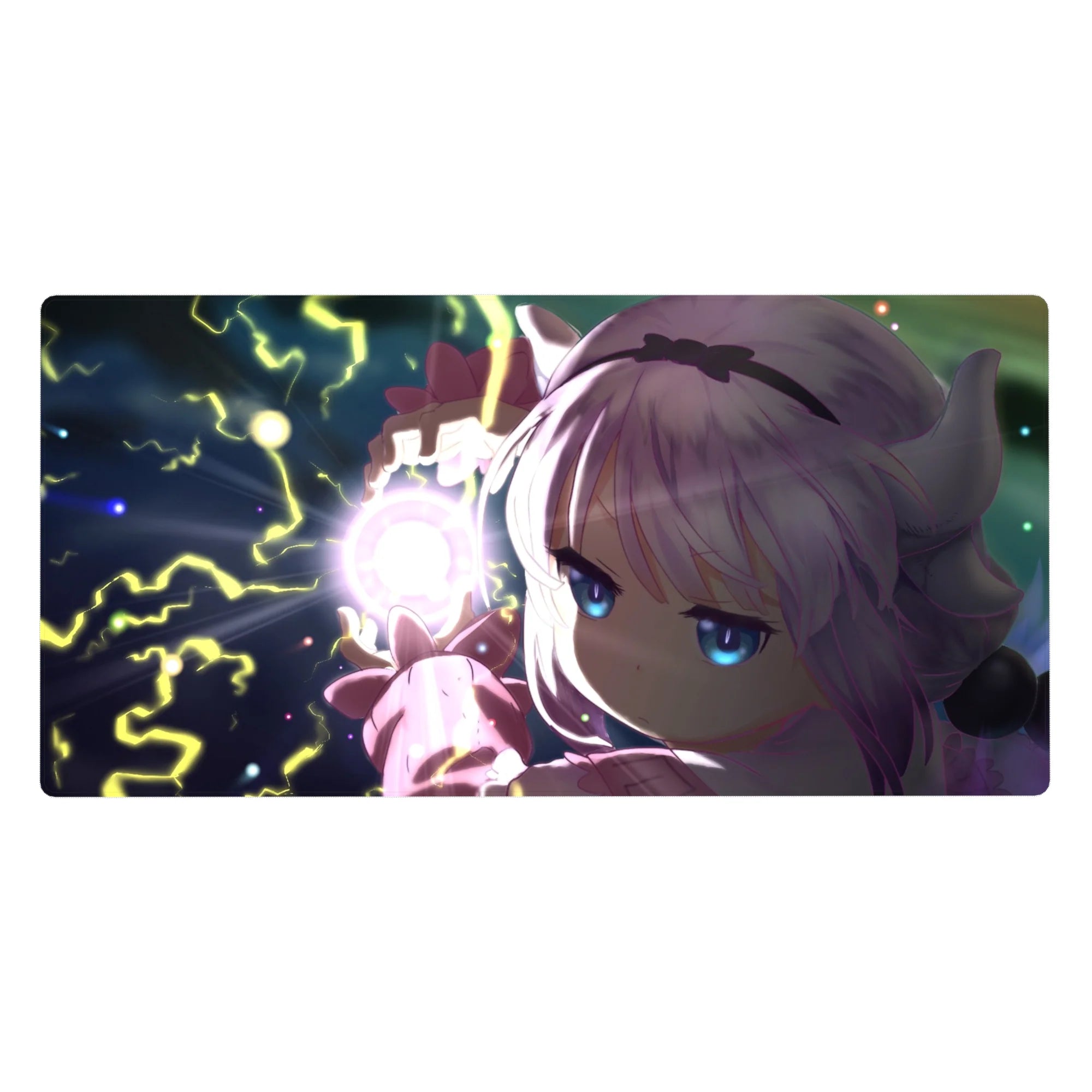 40x20 inches anime girl desk pad with lightning orb, swirling night-sky background, stormy magic art.