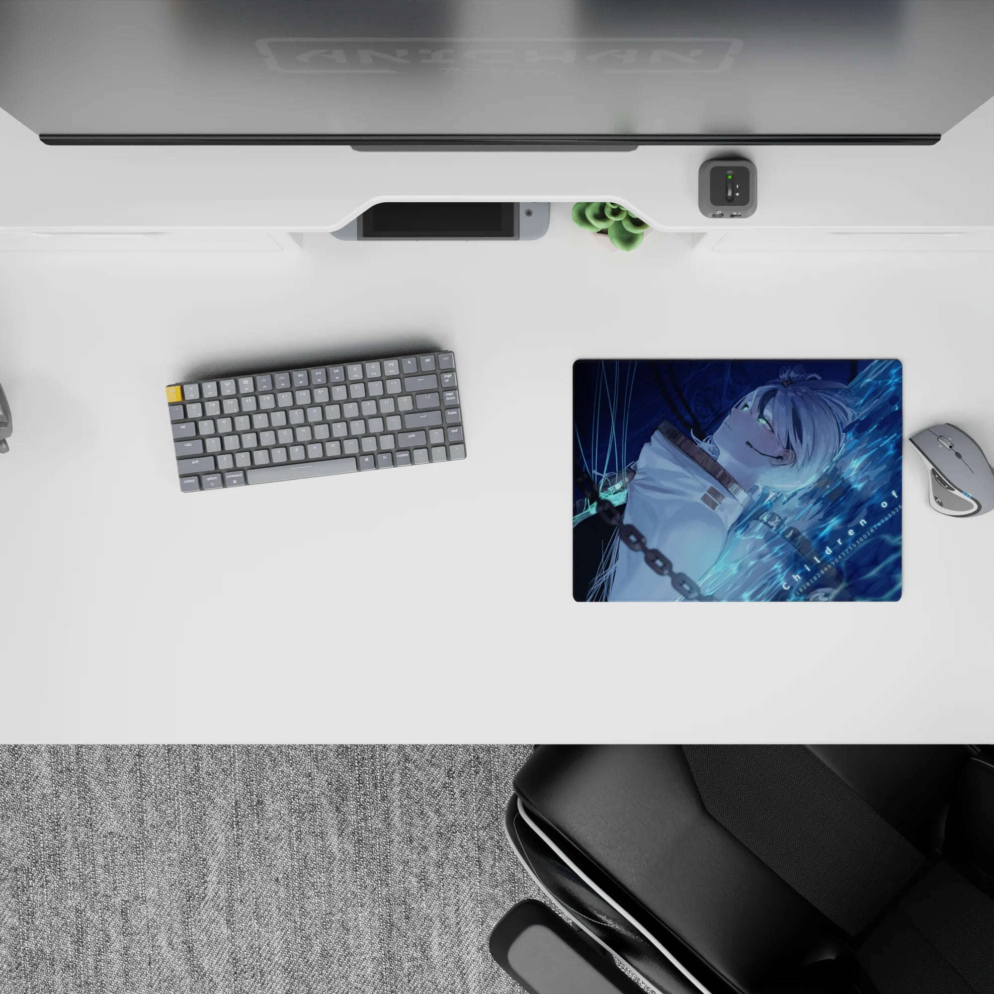 Midnight blue 14x10 inches anime mouse pad with chill cyber-water aura, aqua ripples, and soft green eyes.