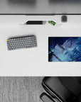 Midnight blue 14x10 inches anime mouse pad with chill cyber-water aura, aqua ripples, and soft green eyes.