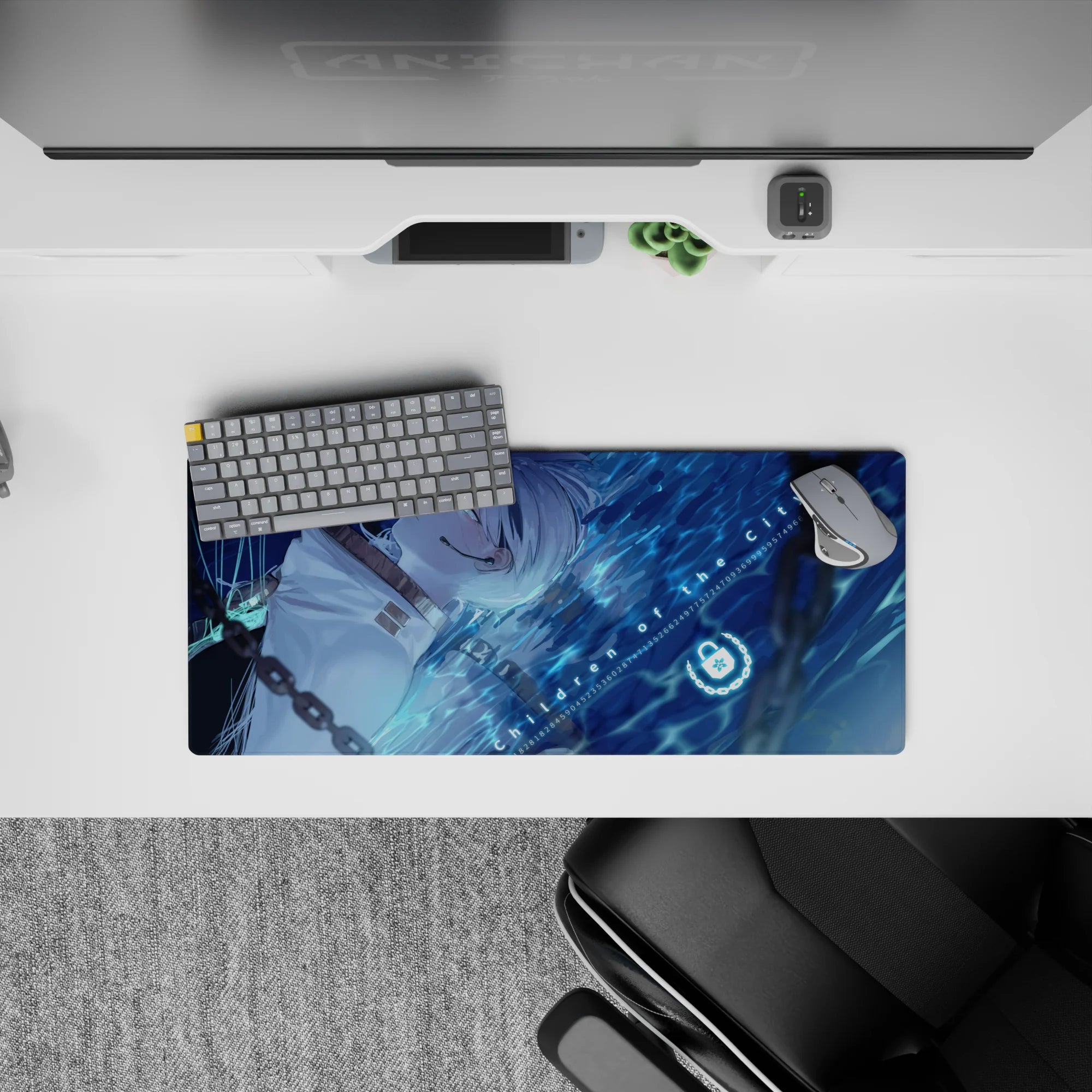 28x12 inches anime girl desk mat in midnight blues with neon aqua glow, calm cyber-water vibe.