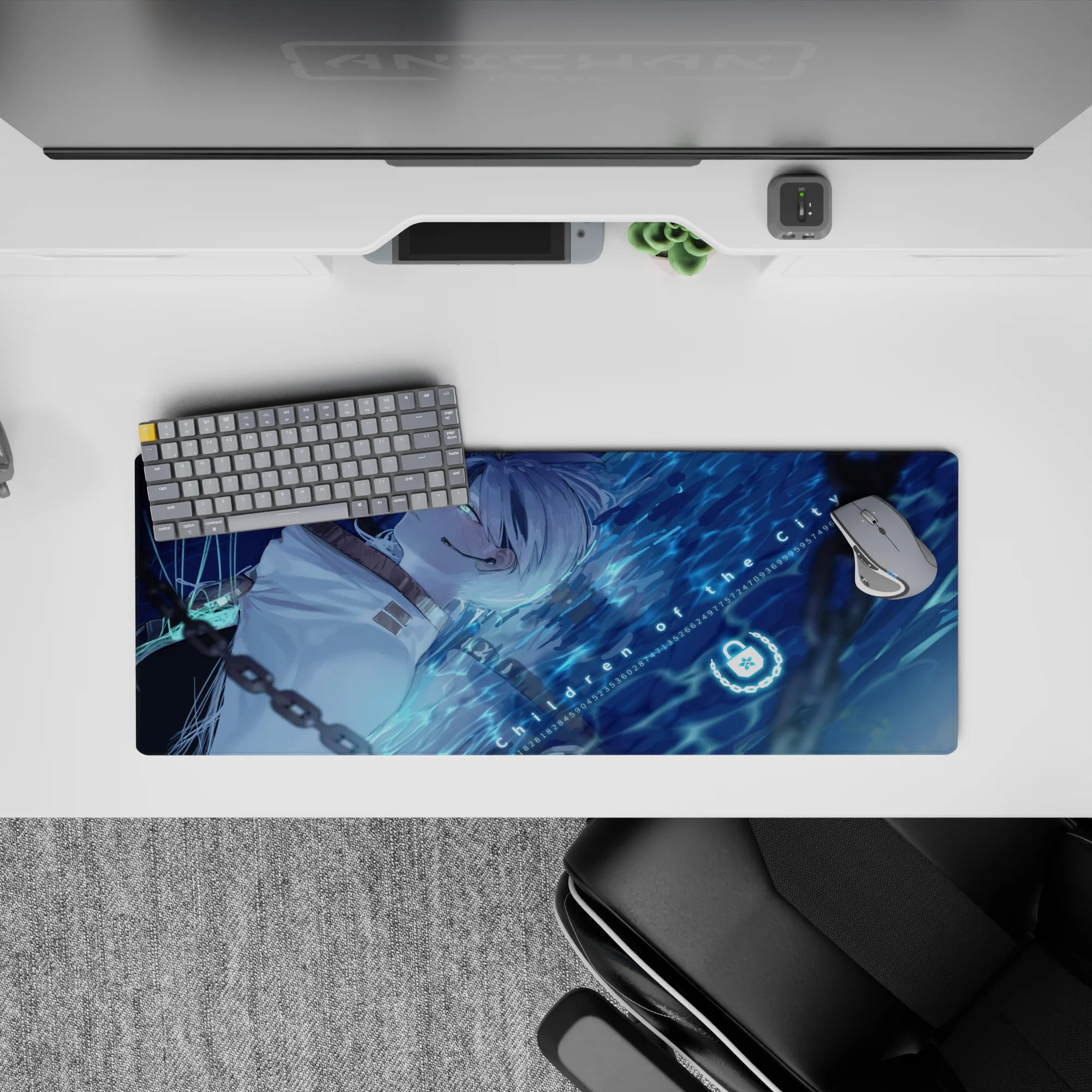 Midnight blue anime girl mouse pad 32x12 inches in cool cyber-aqua glow with a calm dreamy vibe.