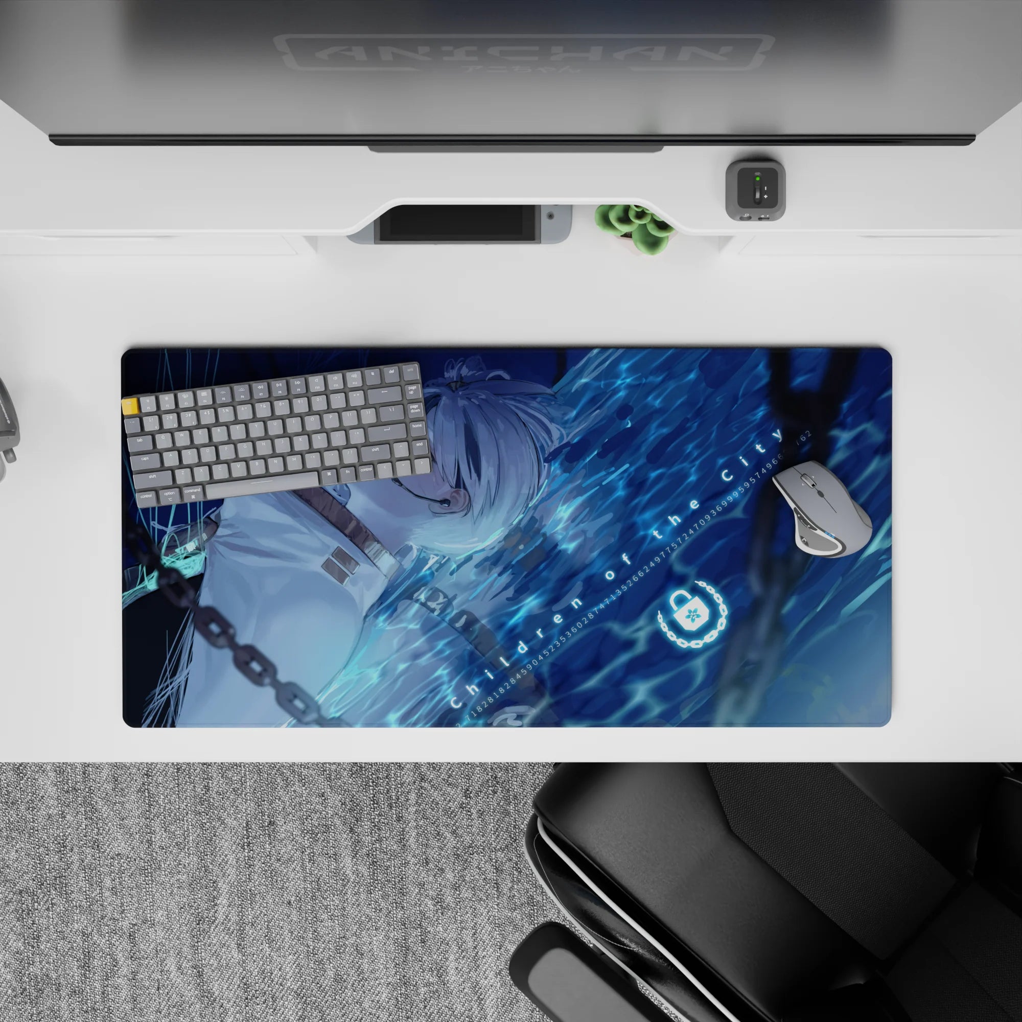 32x16 inches cyber blue desk mat, midnight tones with neon aqua glow and calm magical anime aesthetic.