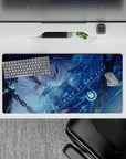 32x16 inches cyber blue desk mat, midnight tones with neon aqua glow and calm magical anime aesthetic.