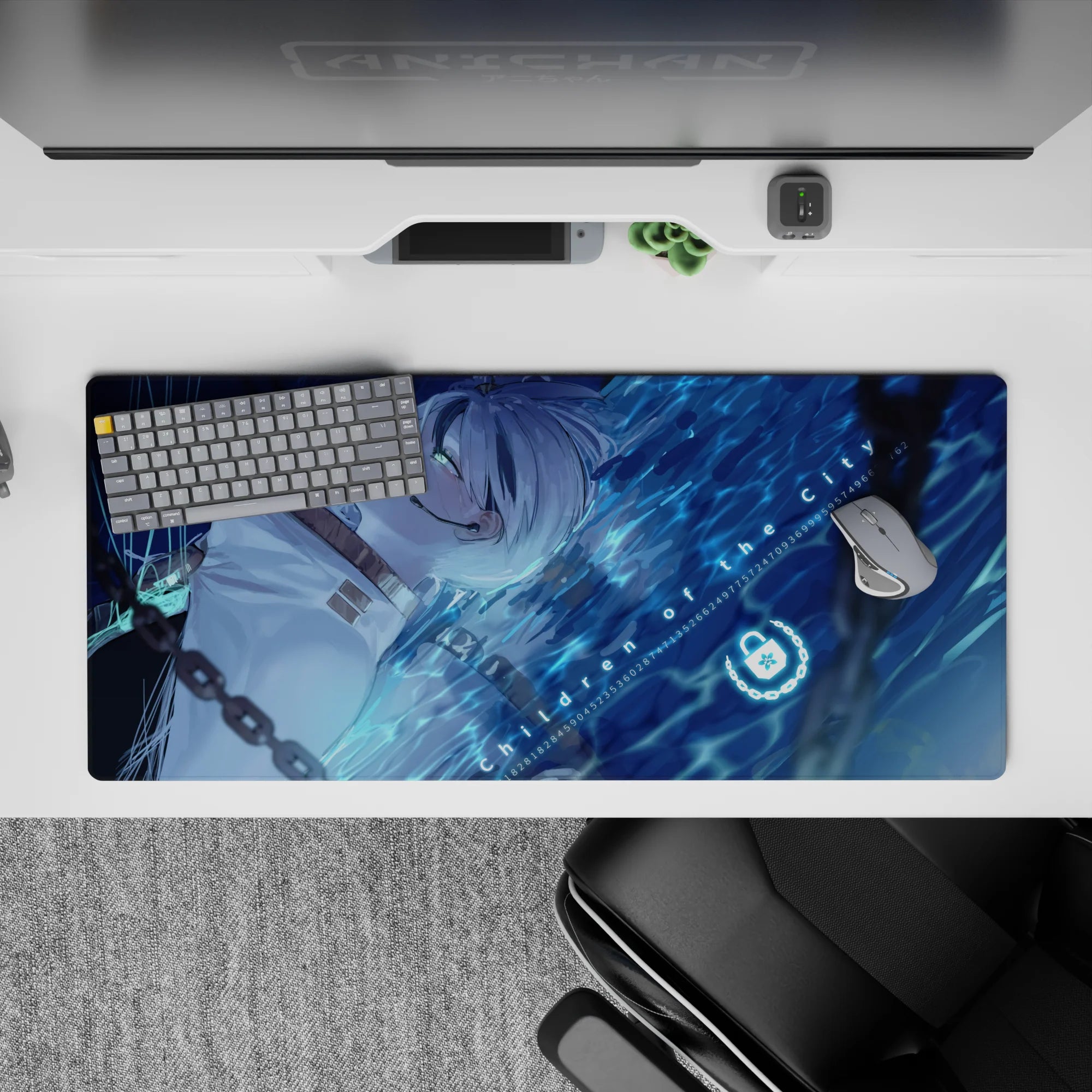 36x16 inches anime desk pad in midnight blue with neon aqua glow, calm cyber-water mood.