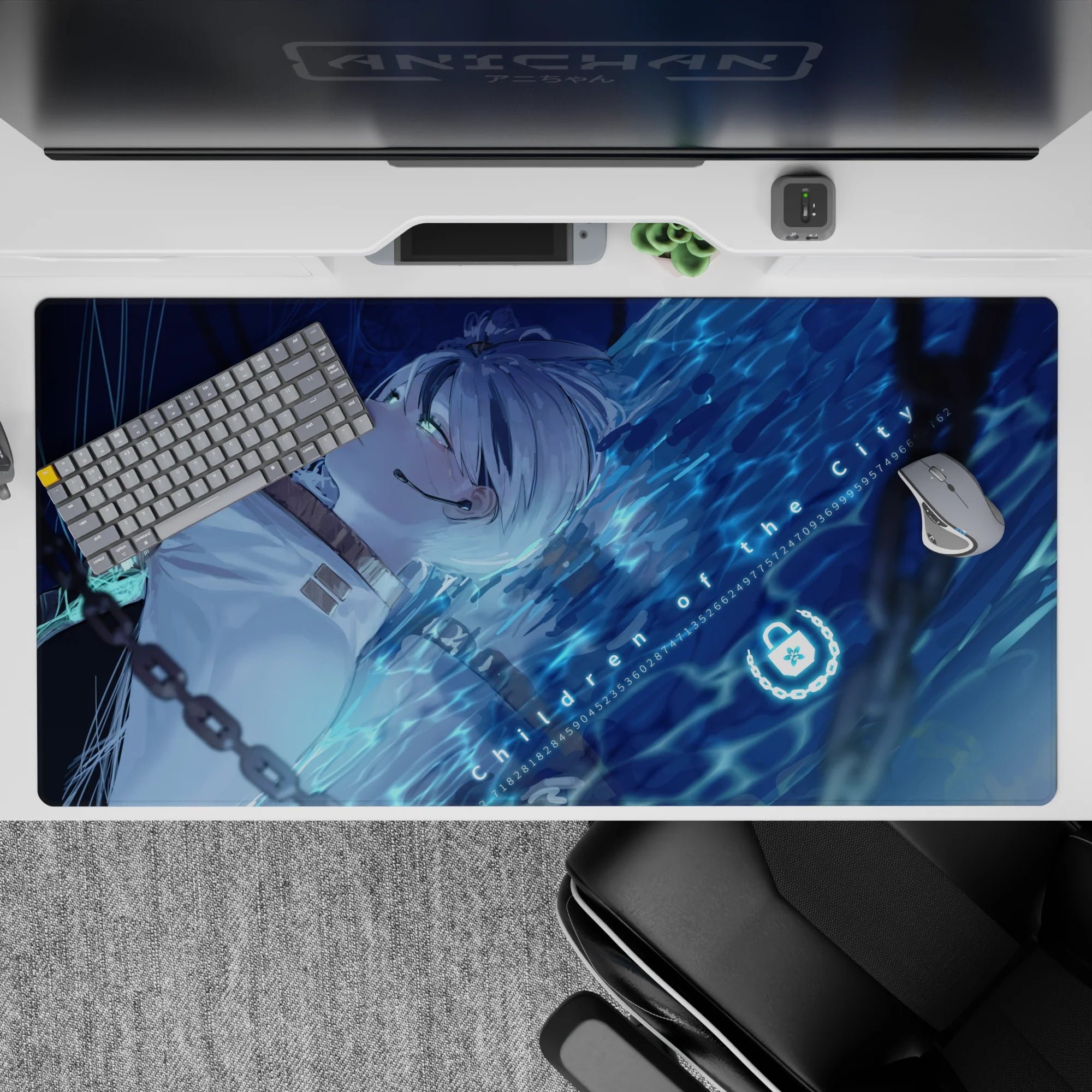Midnight blue 40x20 inches anime desk pad with neon aqua glow, cyber-water ripples, and calm vibes.