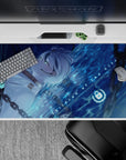 Midnight blue 40x20 inches anime desk pad with neon aqua glow, cyber-water ripples, and calm vibes.