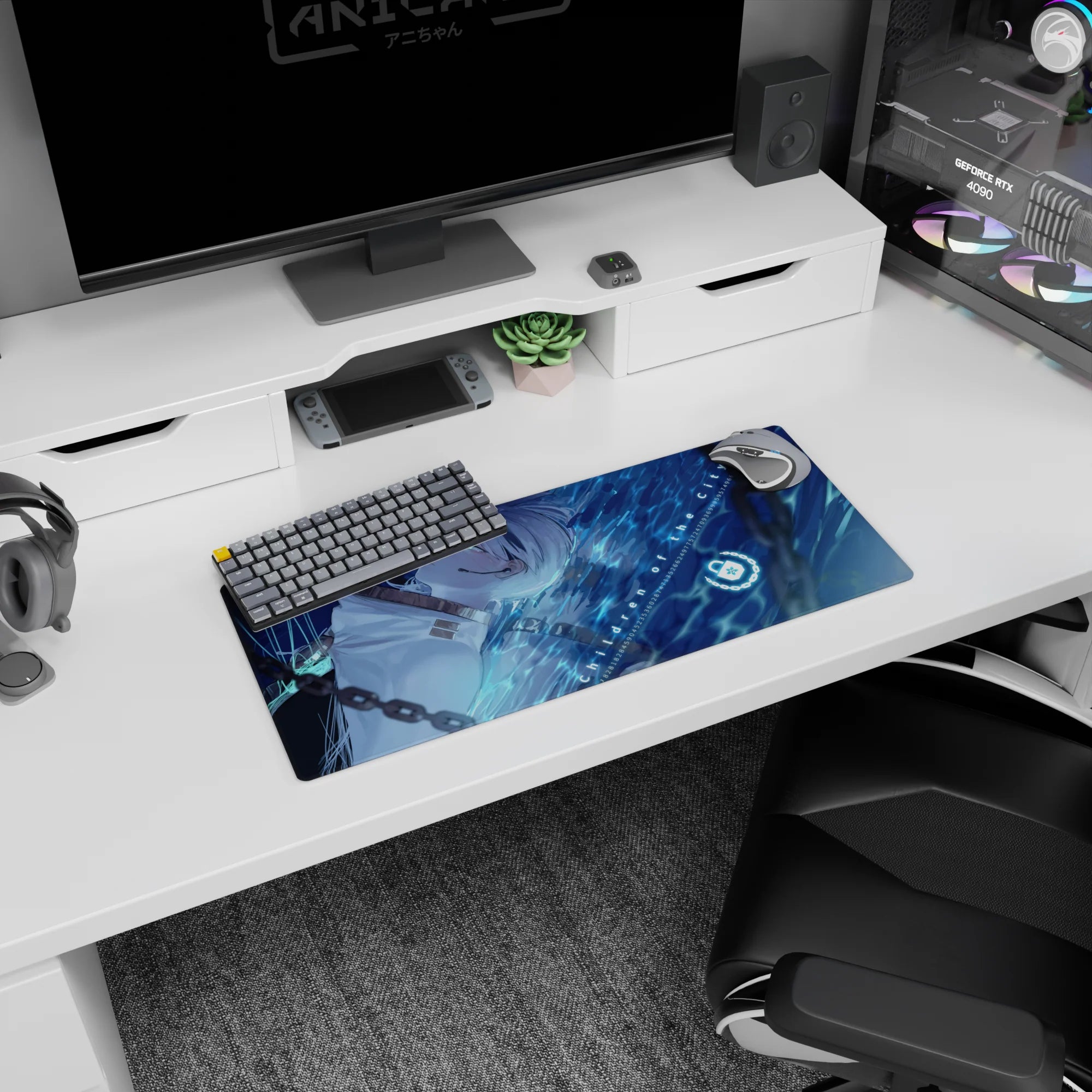 28x12 inches anime mouse pad showing a silver-haired girl floating sideways, green eyes, white high collar.