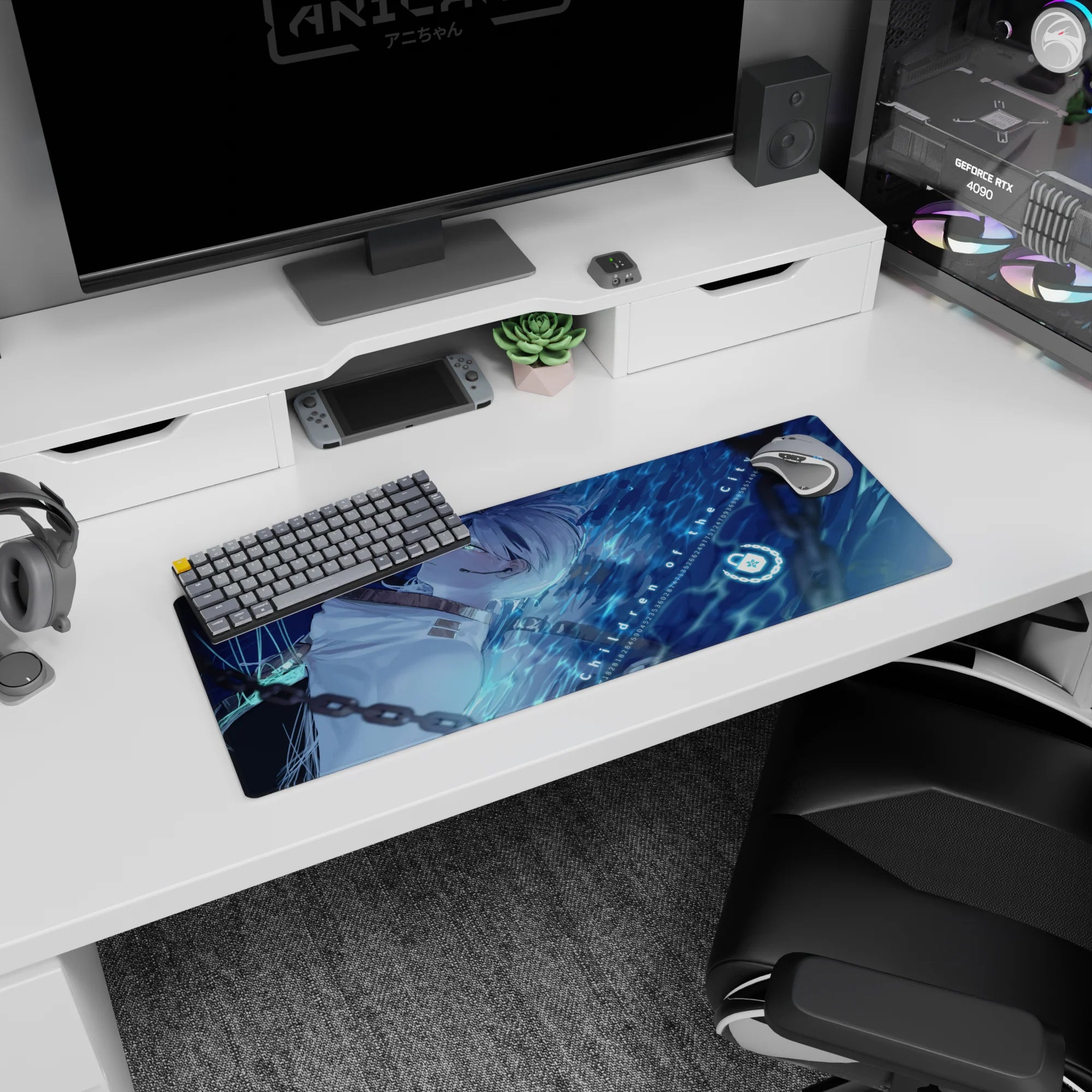 32x12 inches anime mouse pad showing silver-haired girl sideways, green eyes, white high-collar outfit.
