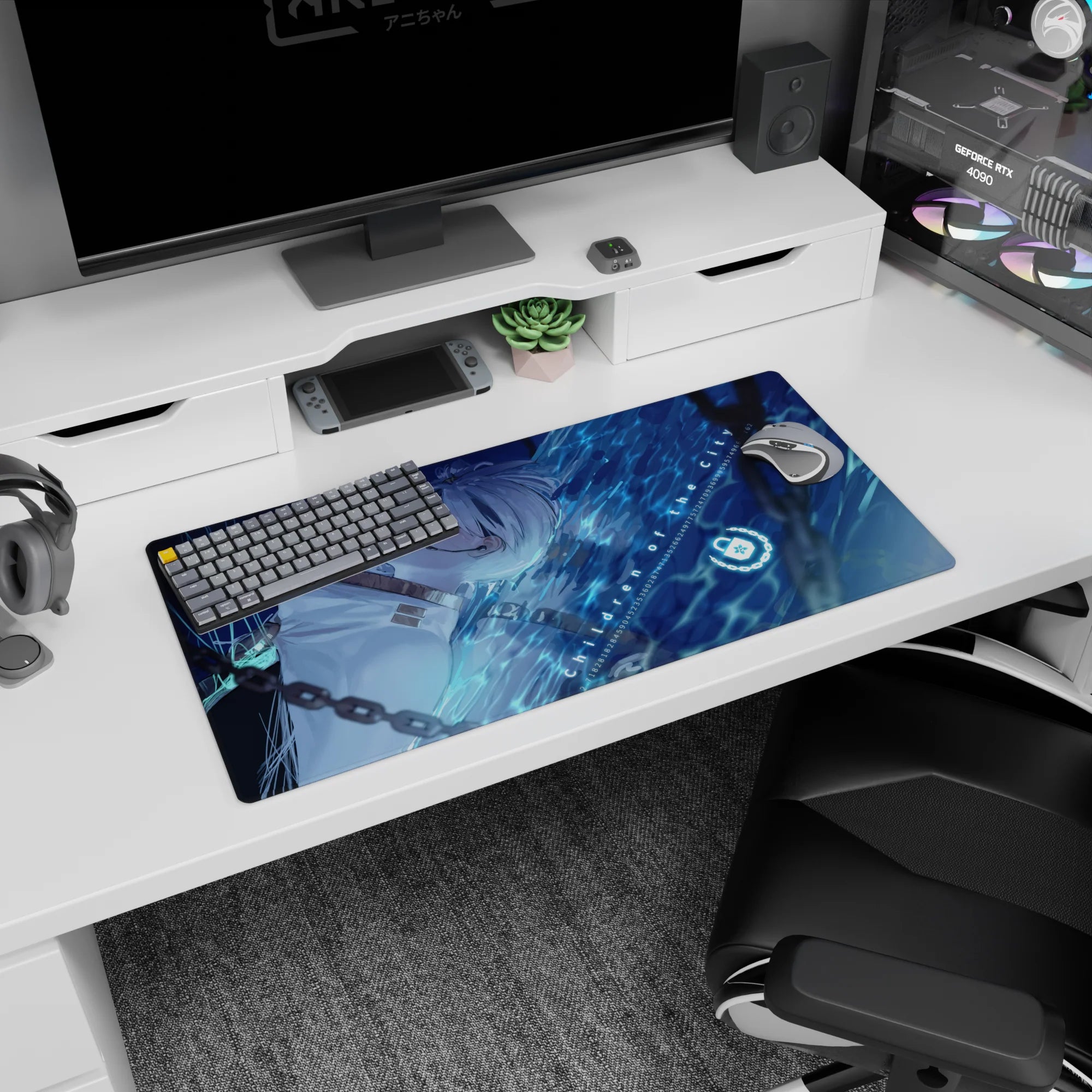32x16 inches mouse pad showing a silver-haired anime girl floating sideways, green eyes, white high-collar outfit.