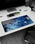 32x16 inches mouse pad showing a silver-haired anime girl floating sideways, green eyes, white high-collar outfit.